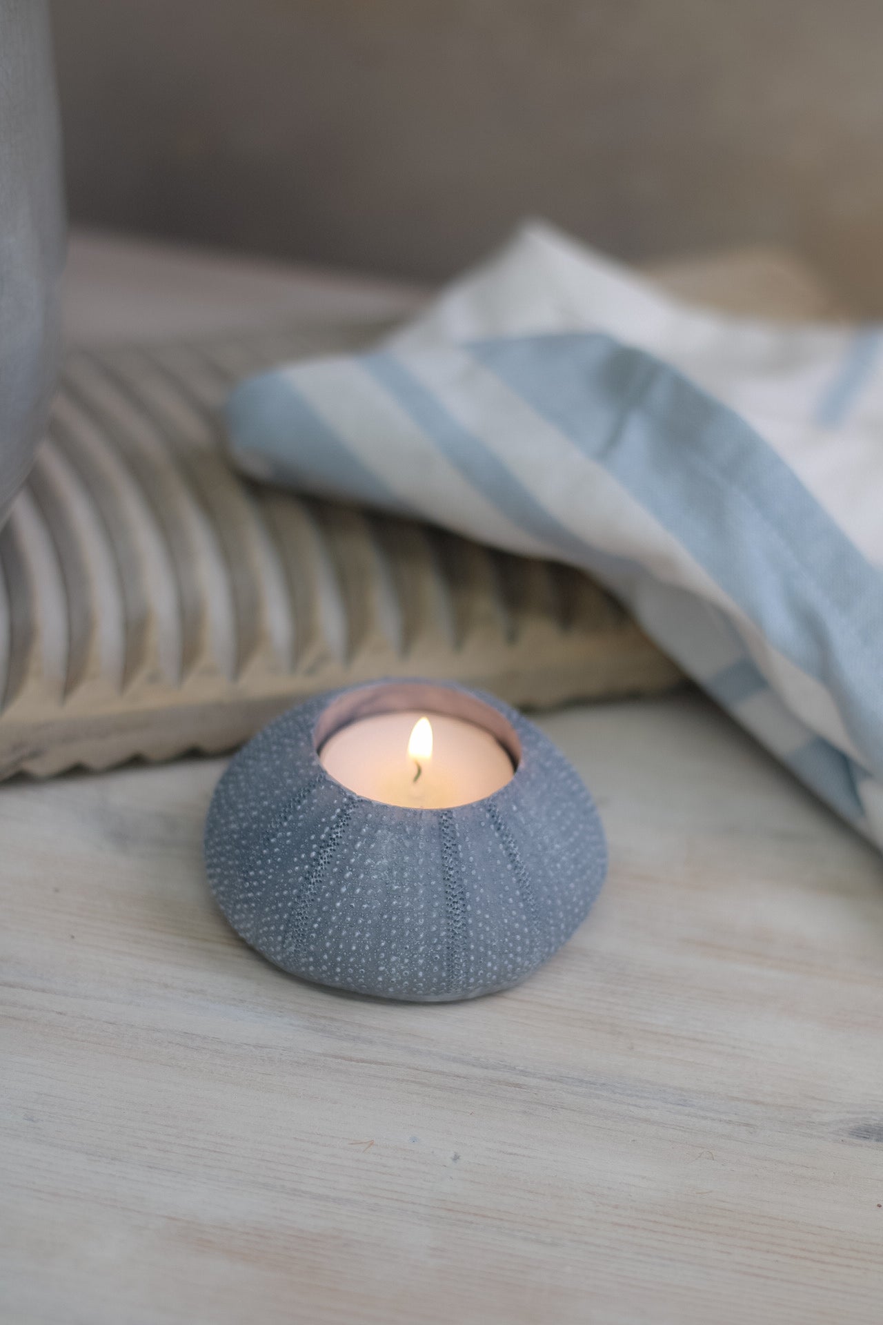 coastal inspired blue sea urchin tea light holder