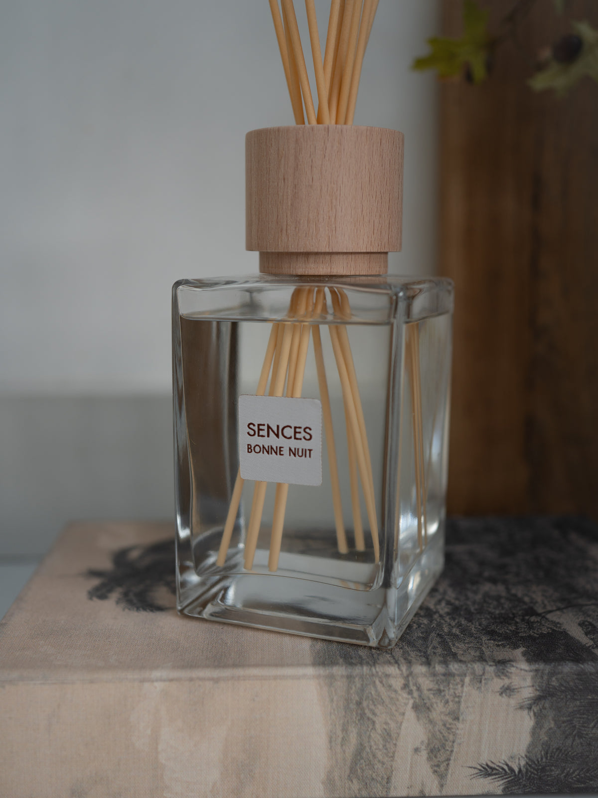 A clear glass reed diffuser bottle with a light wood cap and natural reeds, labeled &