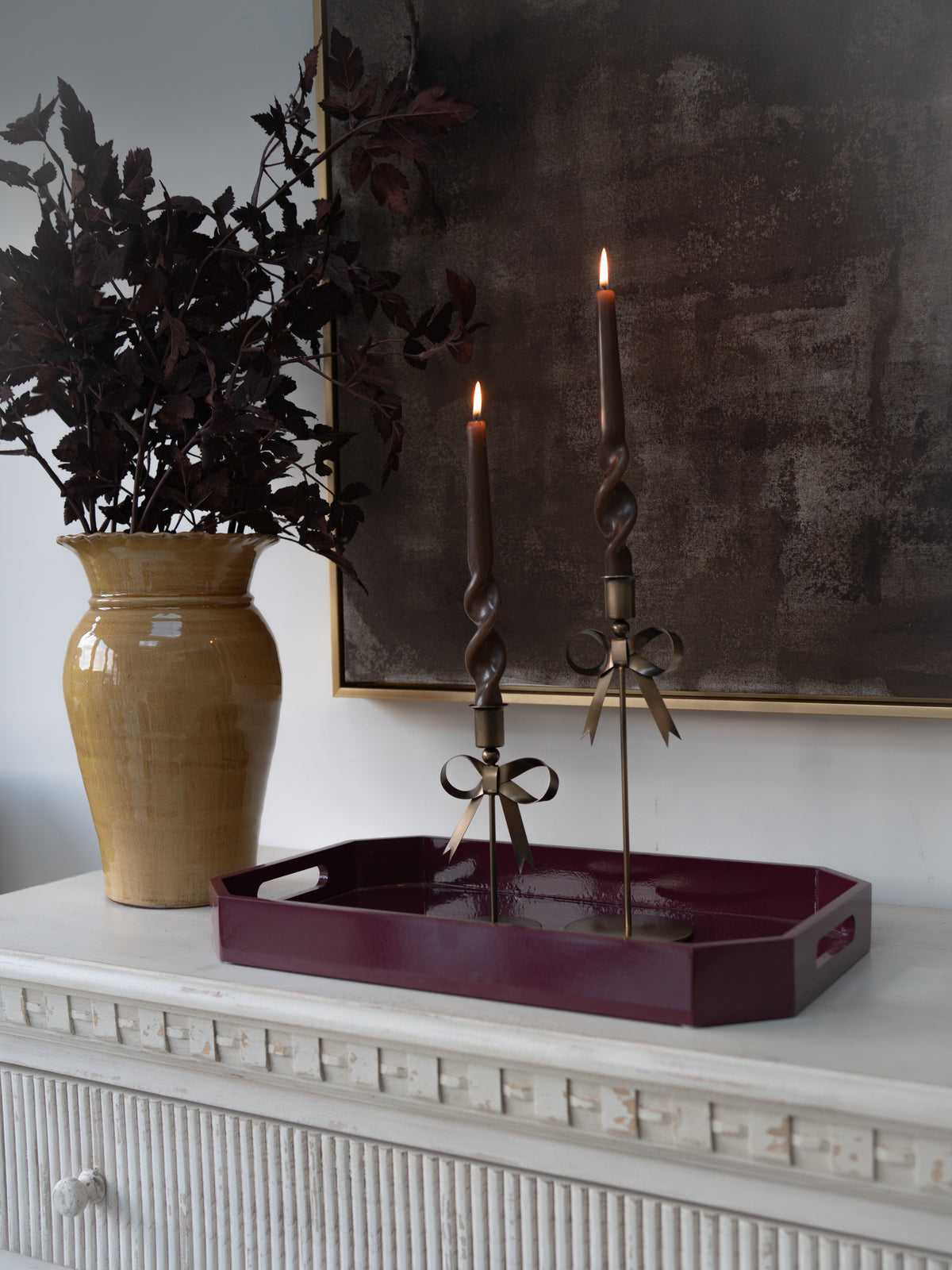 Bow Candlesticks, Dinner Candles & Merlot Tray Styling Bundle