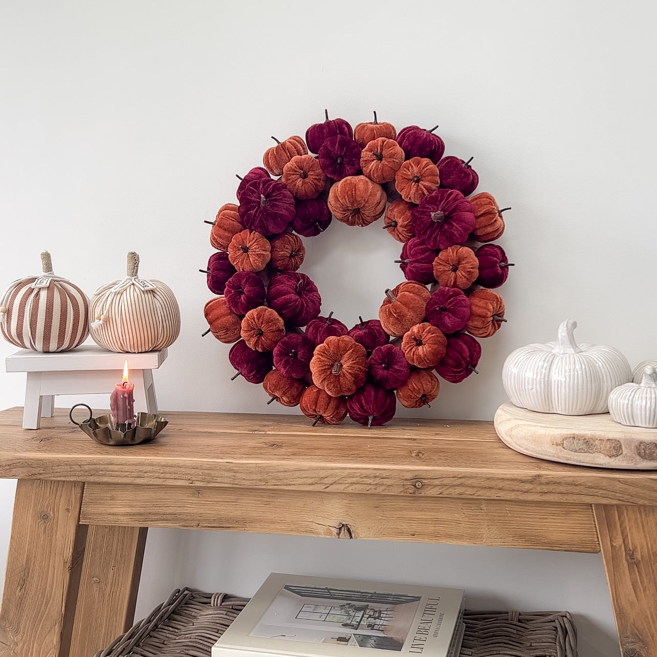 Burgundy and Orange Velvet Little Pumpkins Wreath
