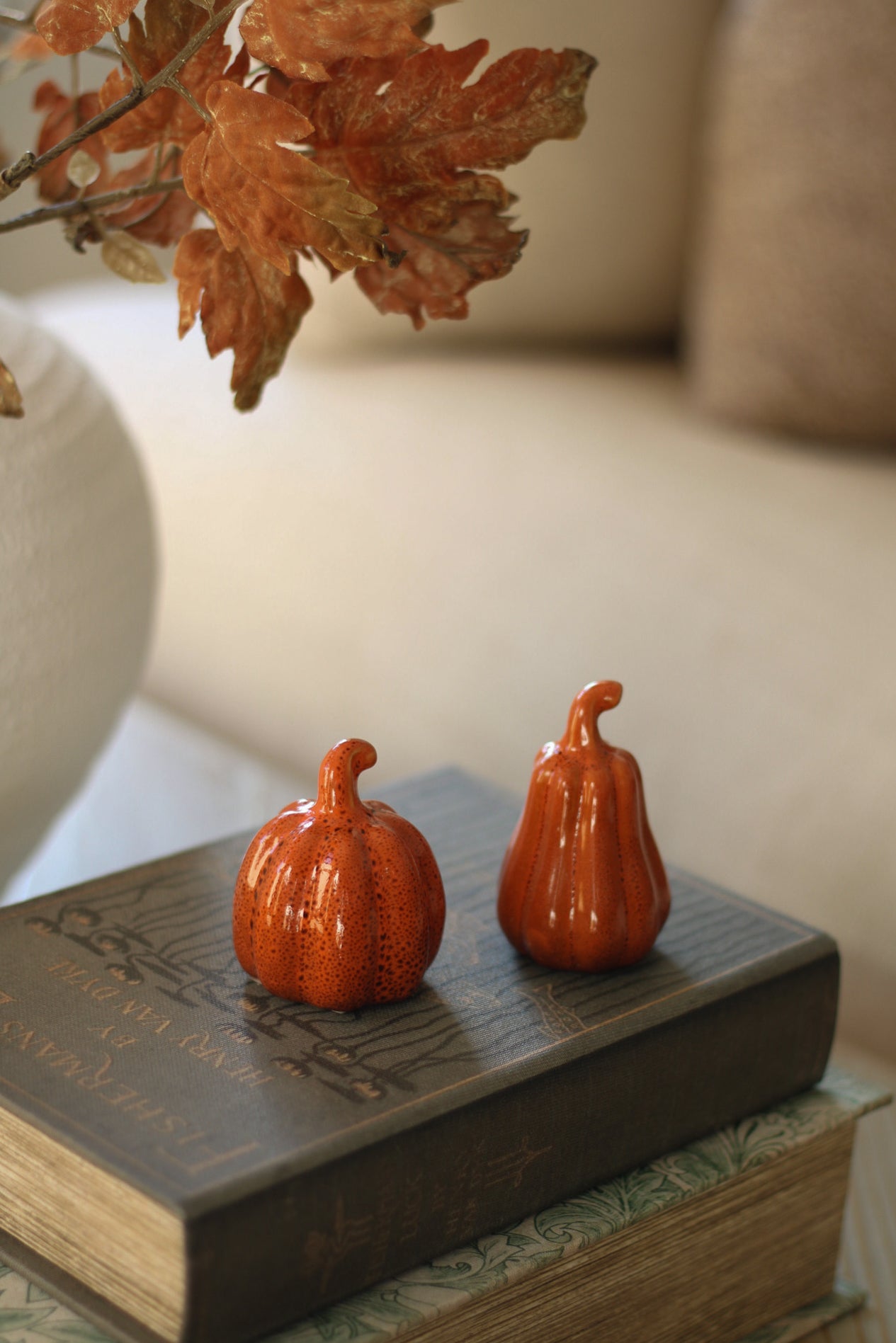 Two small orange pumpkins on a book with autumn leaves in the background