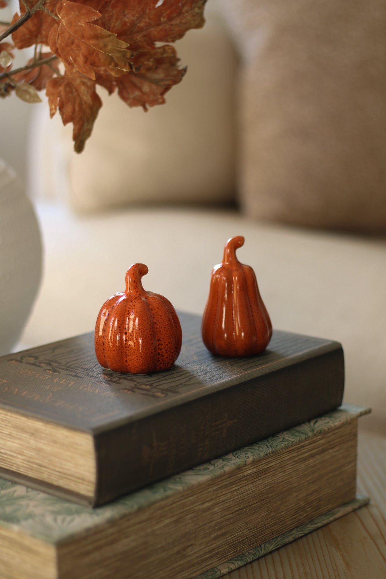 Two small orange pumpkins on a stack of books with a blurred background