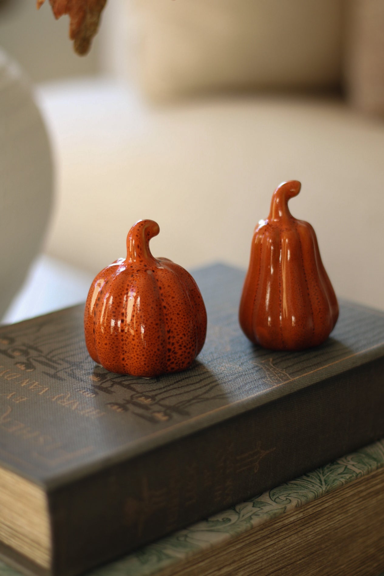 Two ceramic pumpkins on a book with a blurred background