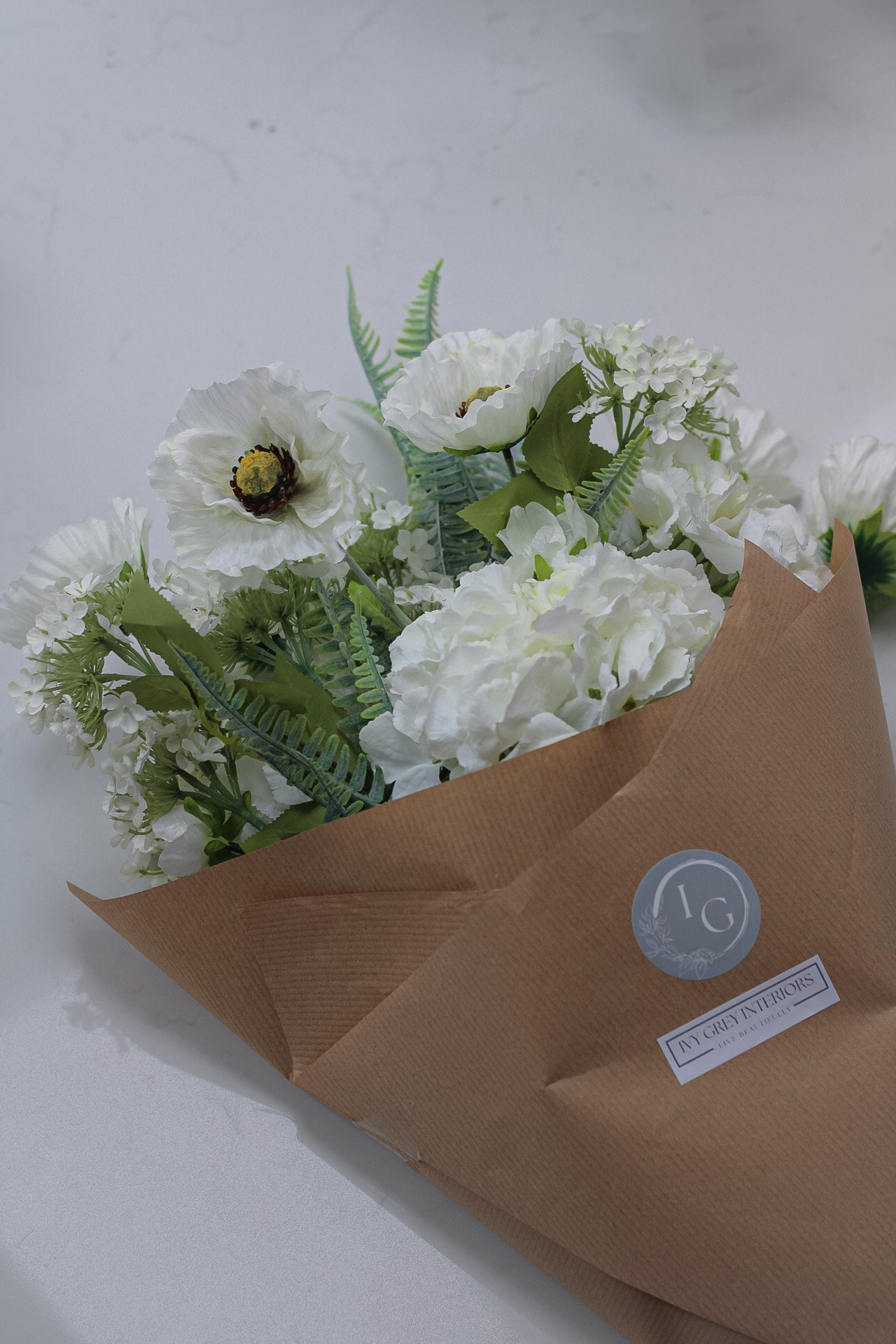 Faux Ivory Hydrangea and Country Poppy Arrangement