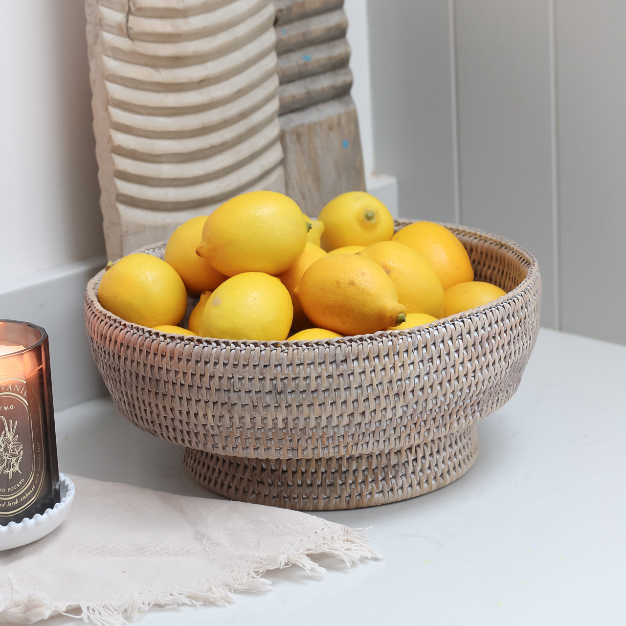 White Washed Natural Rattan Pedestal Bowl