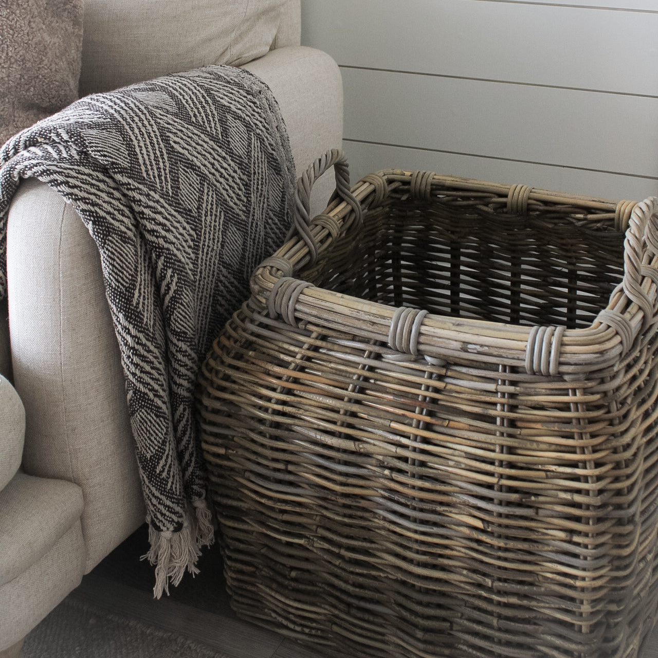 Natural Rattan Square Bottom Basket with Handles