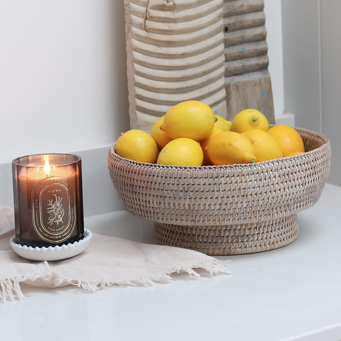 White Washed Natural Rattan Pedestal Bowl