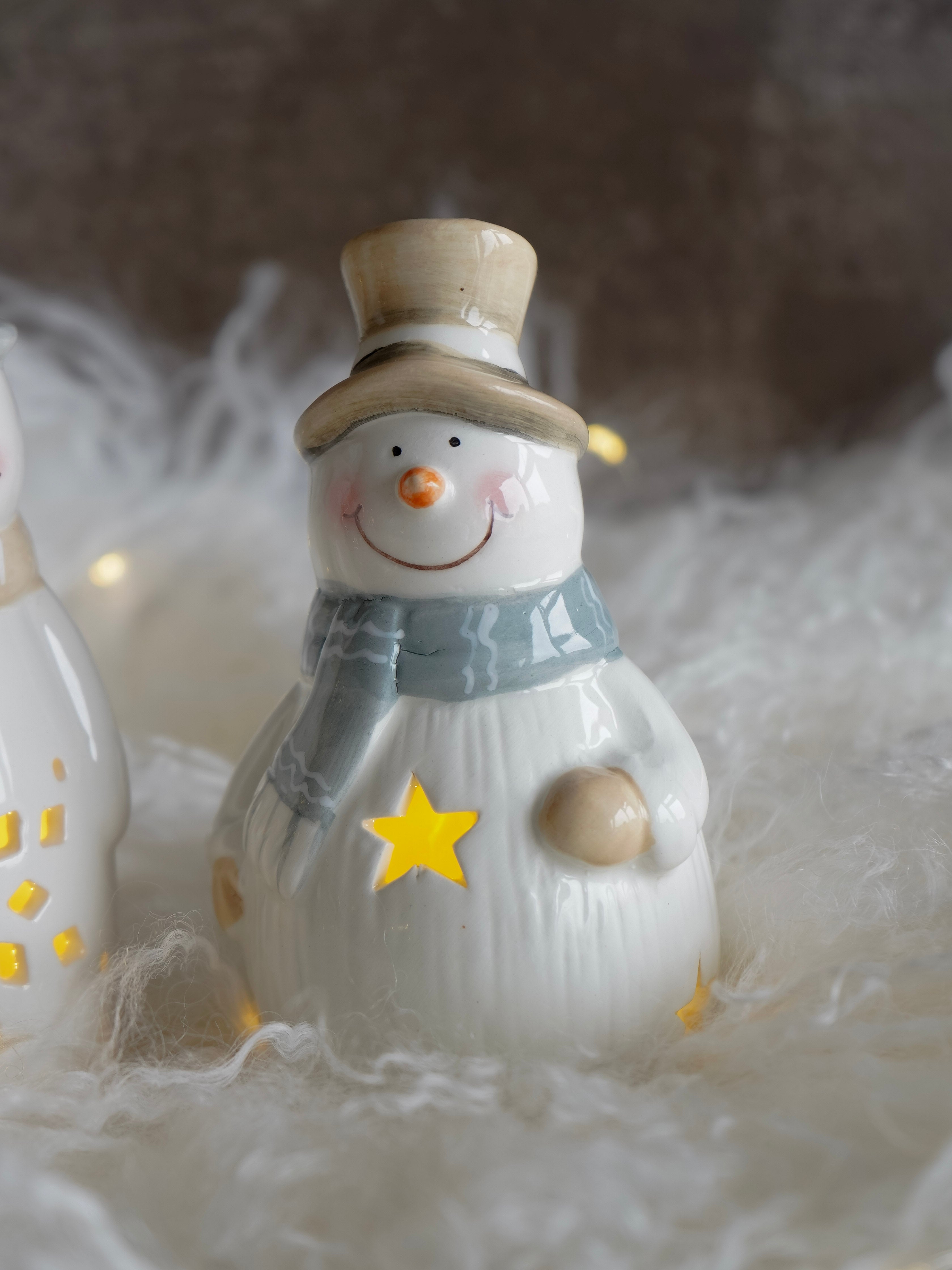 Decorative snowman figurine with a top hat and star on a soft white background