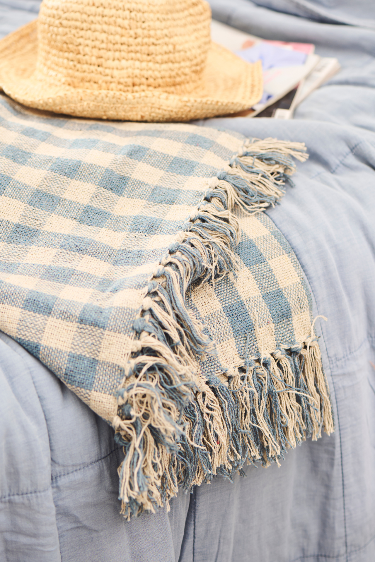 Cornflour Blue and Beige Check Throw