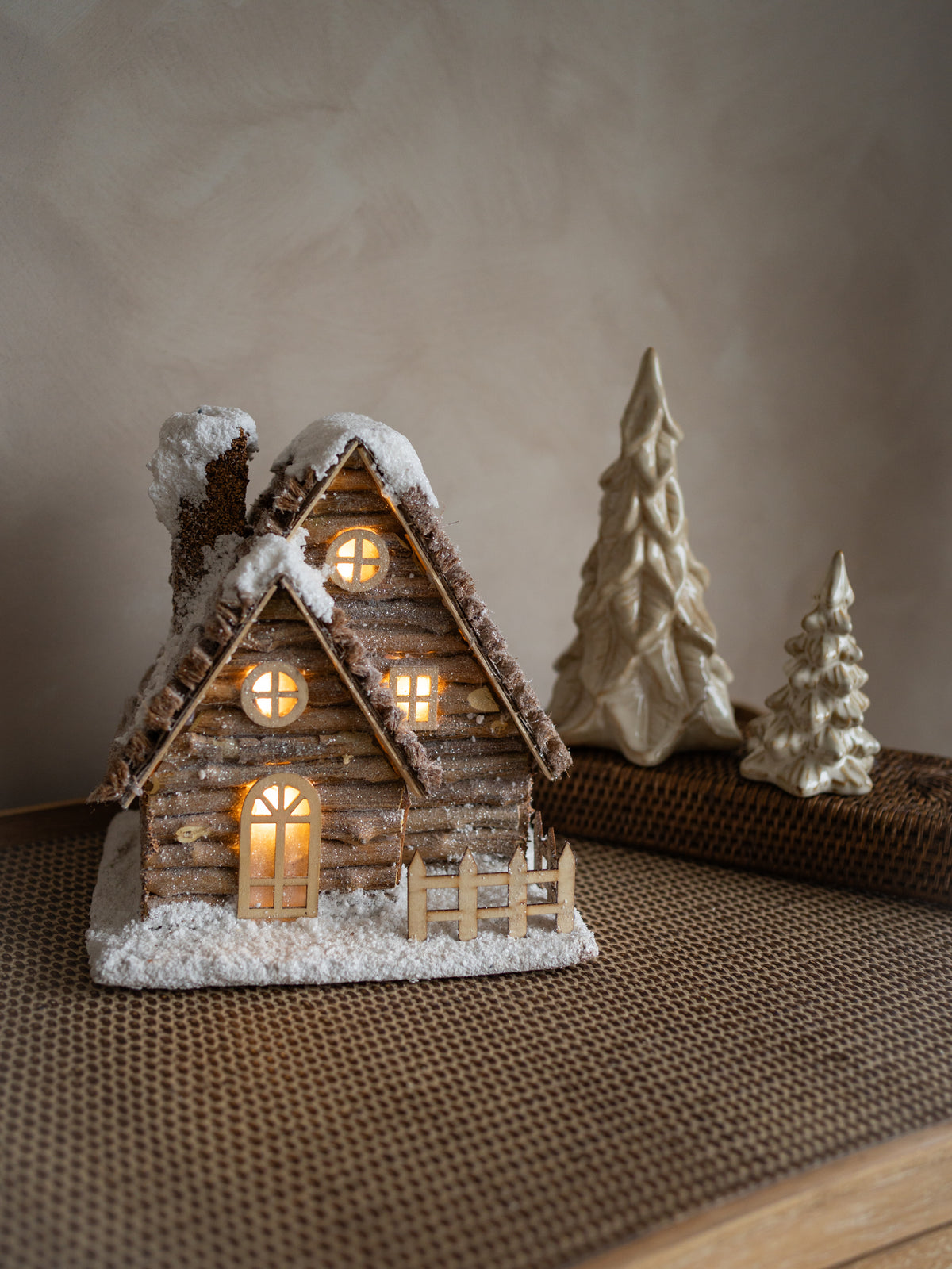 Cosy Snug Wooden Lodge & Stoneware Christmas Trees Styling Bundle