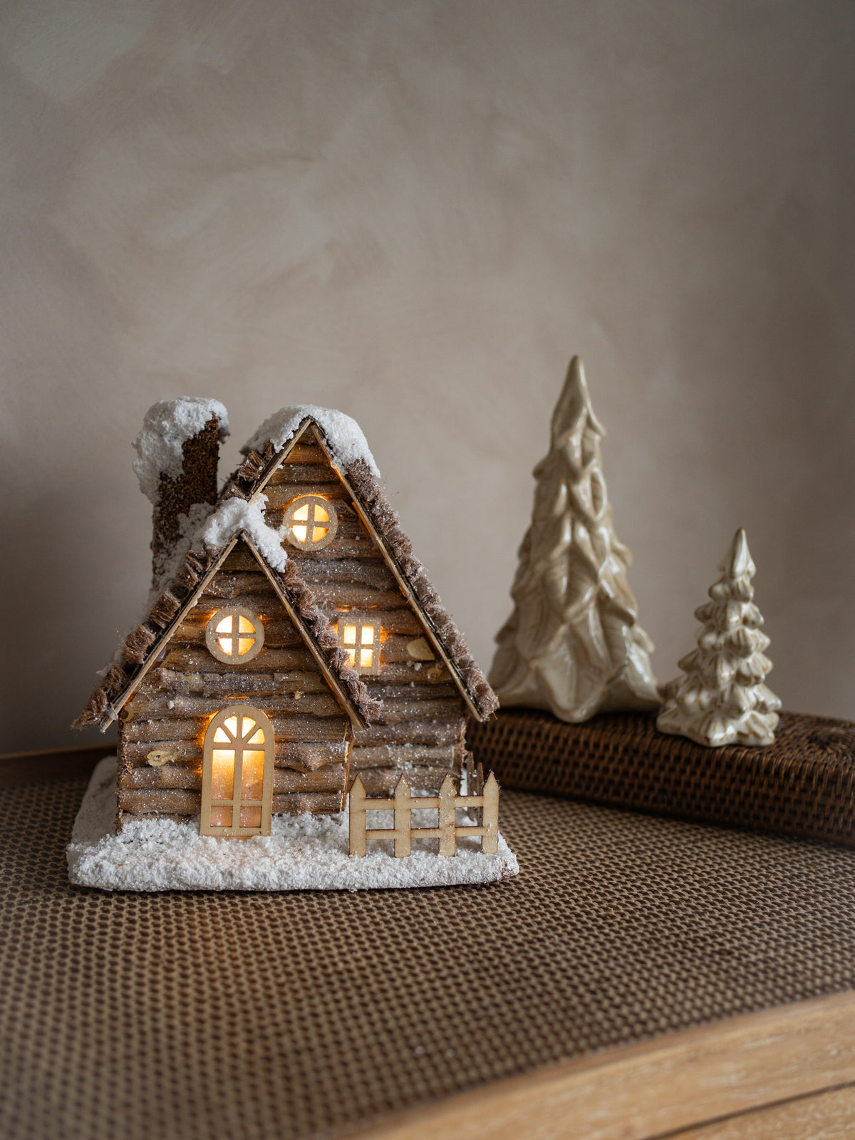 Cosy Snug Wooden Lodge & Stoneware Christmas Trees Styling Bundle