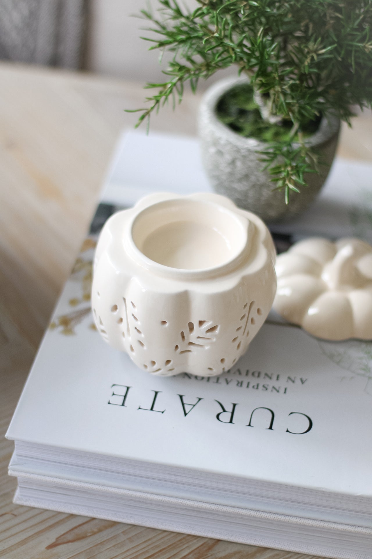 White Autumn Leaves Pumpkin Ceramic Wax Burner