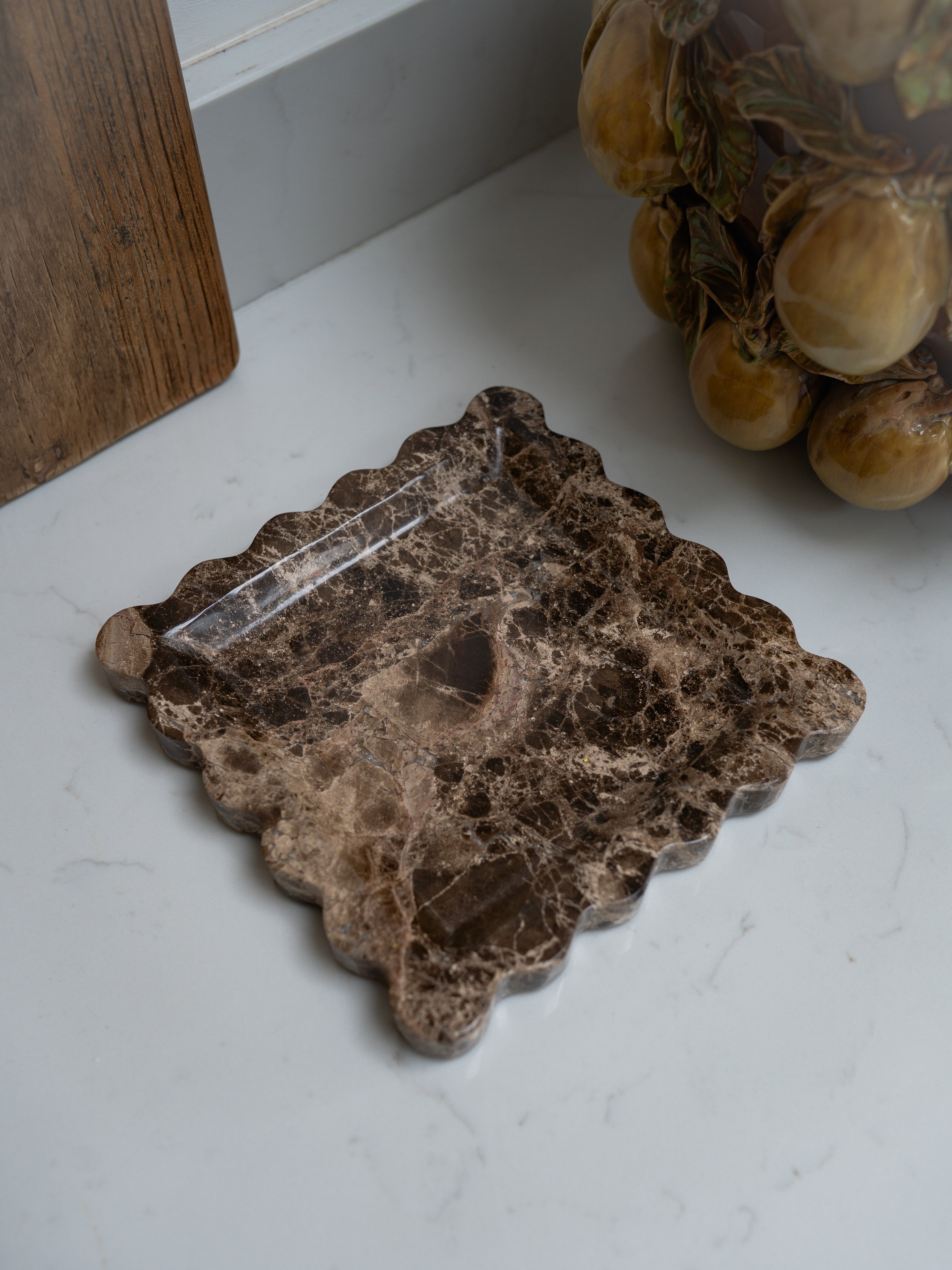 Dark Emperador Brown Scalloped Marble Tray