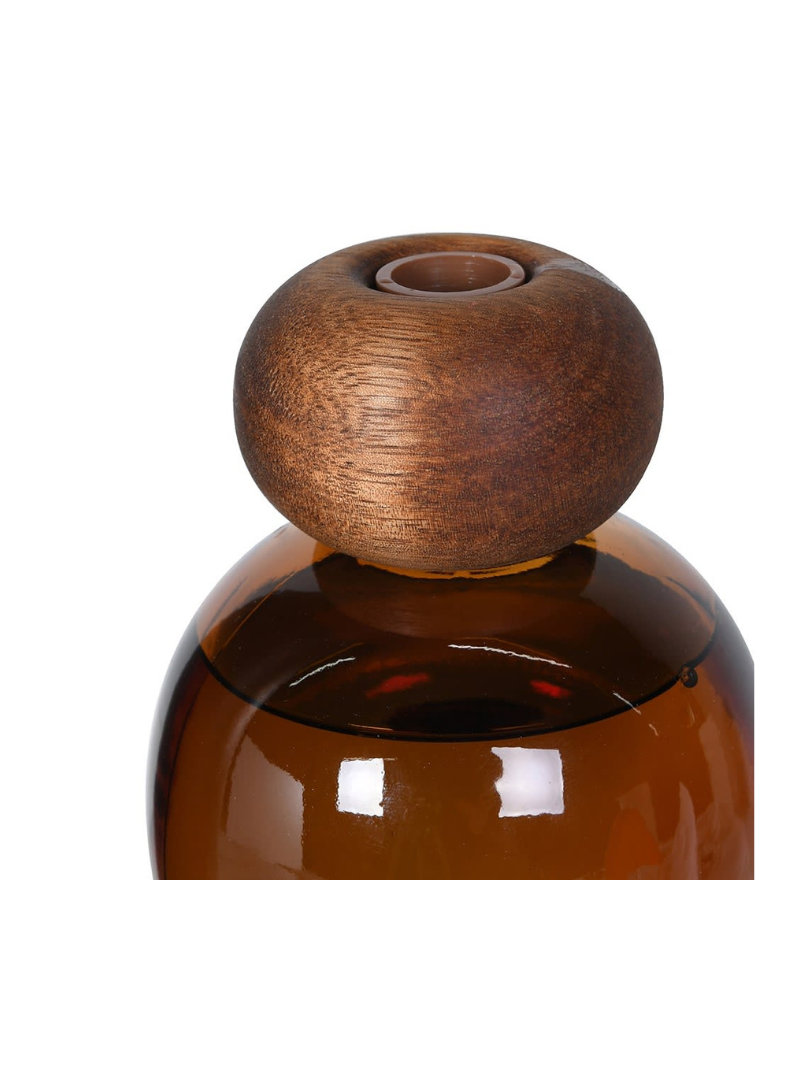 Brown glass bottle diffuser with wooden cap on a white background