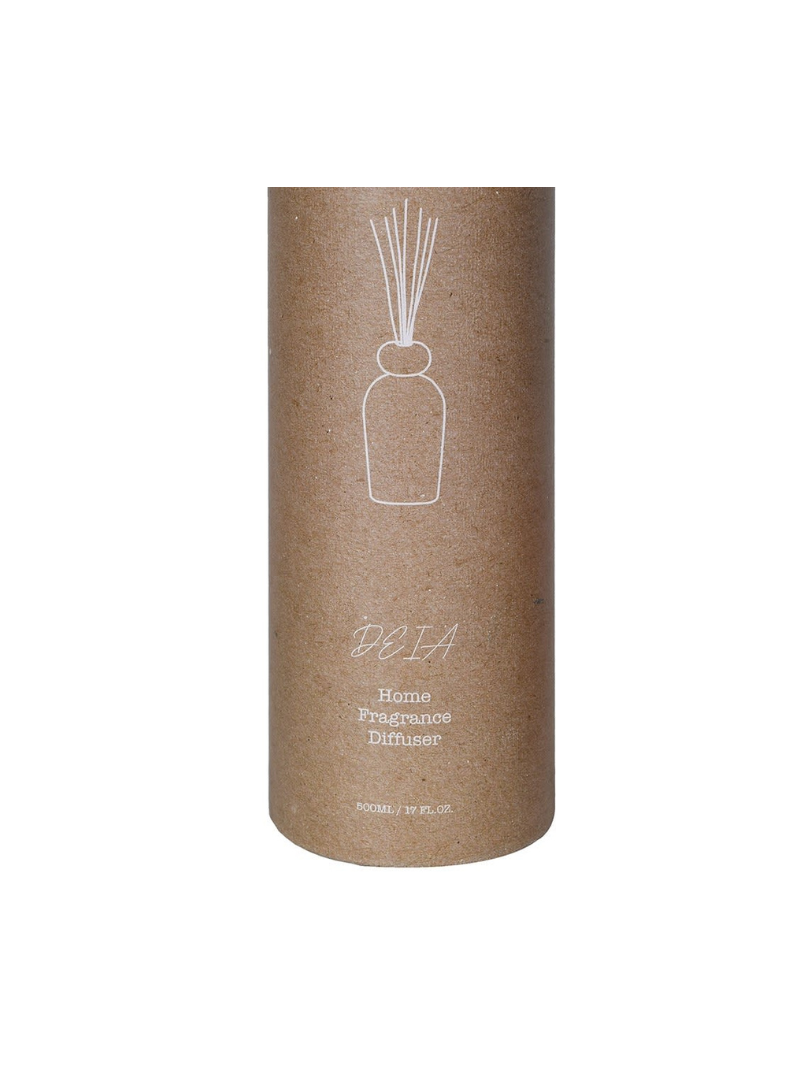 Brown paper tube with white text and a design of a vase and sticks on a white background
