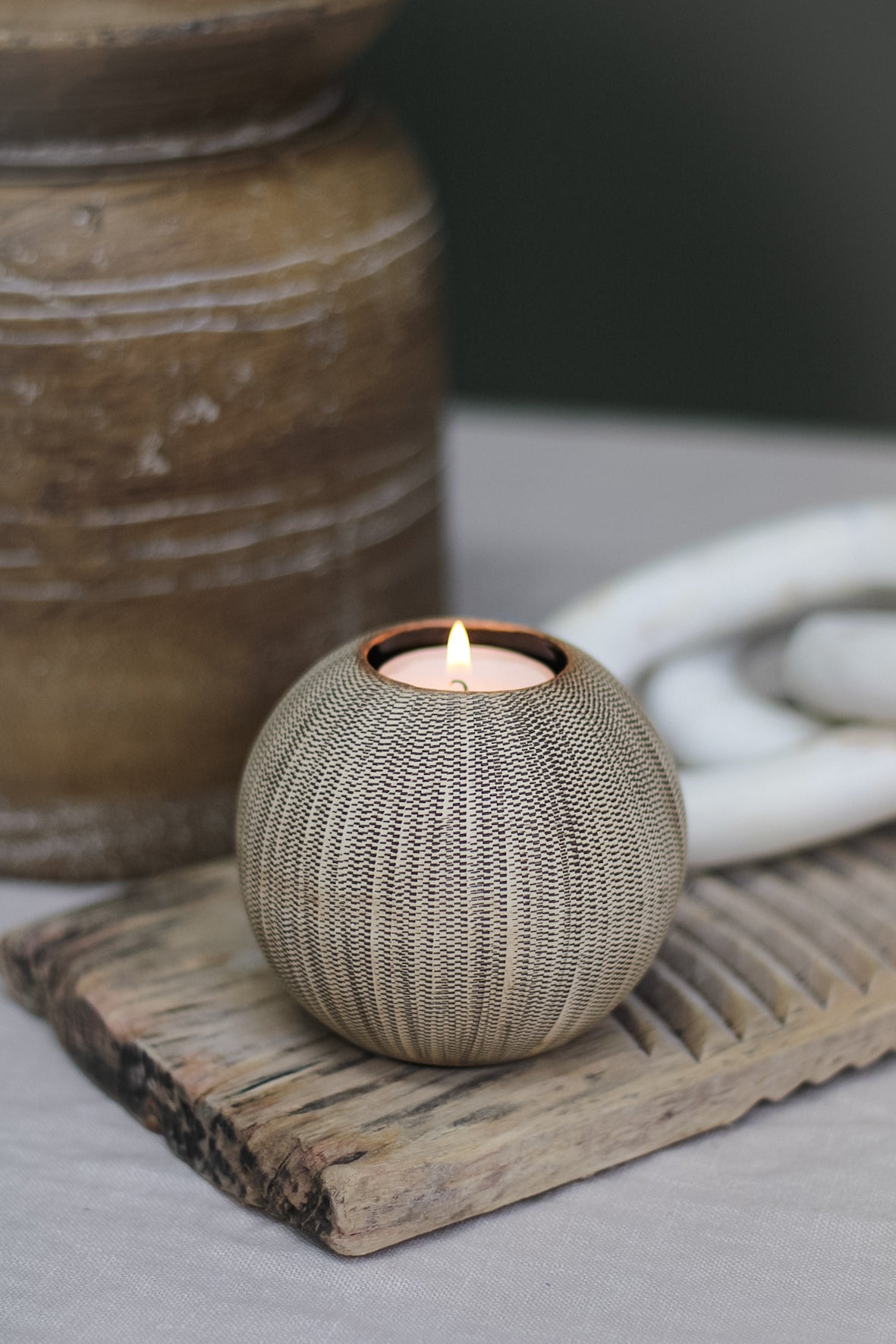 Small Round Wood Effect Candle Holder