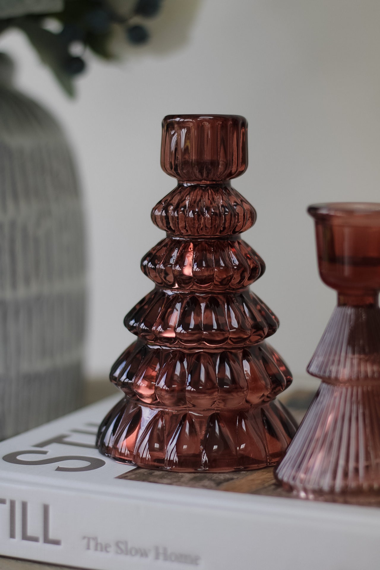 Elegant ribbed glass candle sticks for home decor