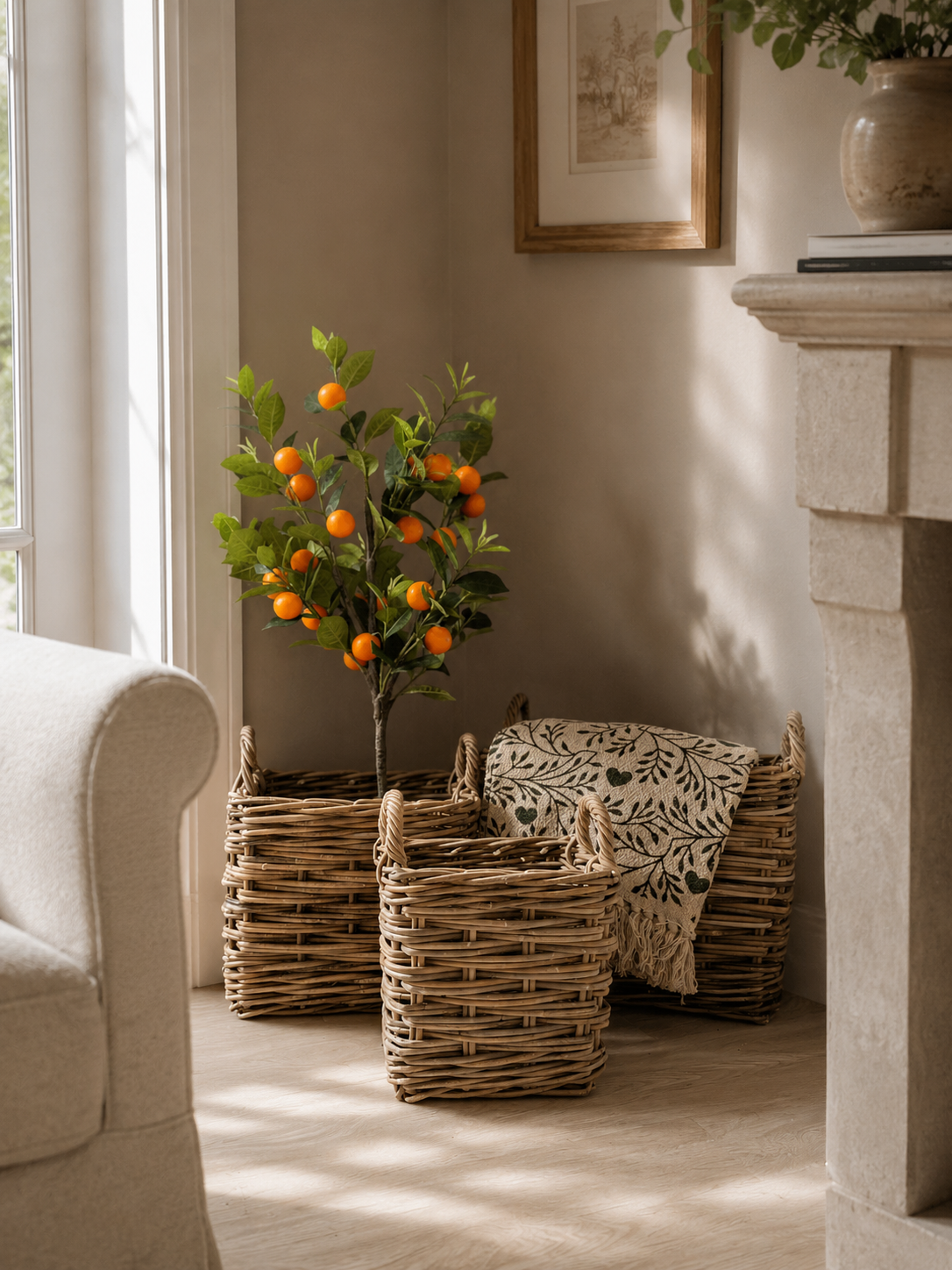 Esher Rustic Grey Washed Rattan Square Storage Basket in modern country style living room