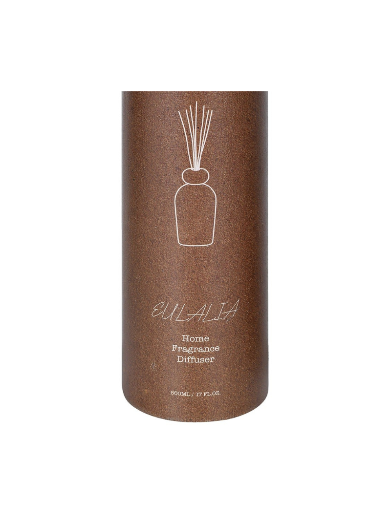 Brown cylindrical home fragrance diffuser packaging with white text and design on a white background
