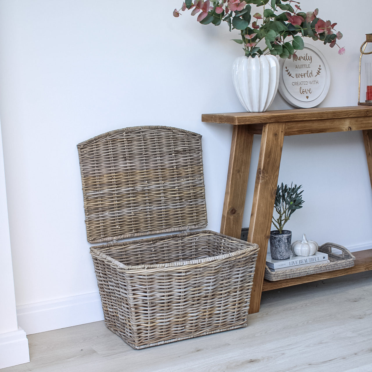 Grey Washed Lidded Rattan Wicker Basket