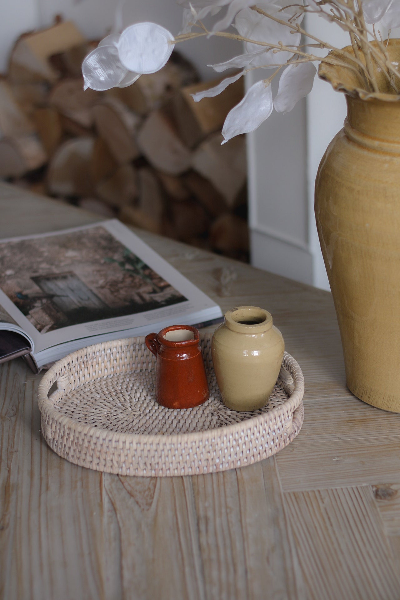 White Washed Rattan Small Oval Tray