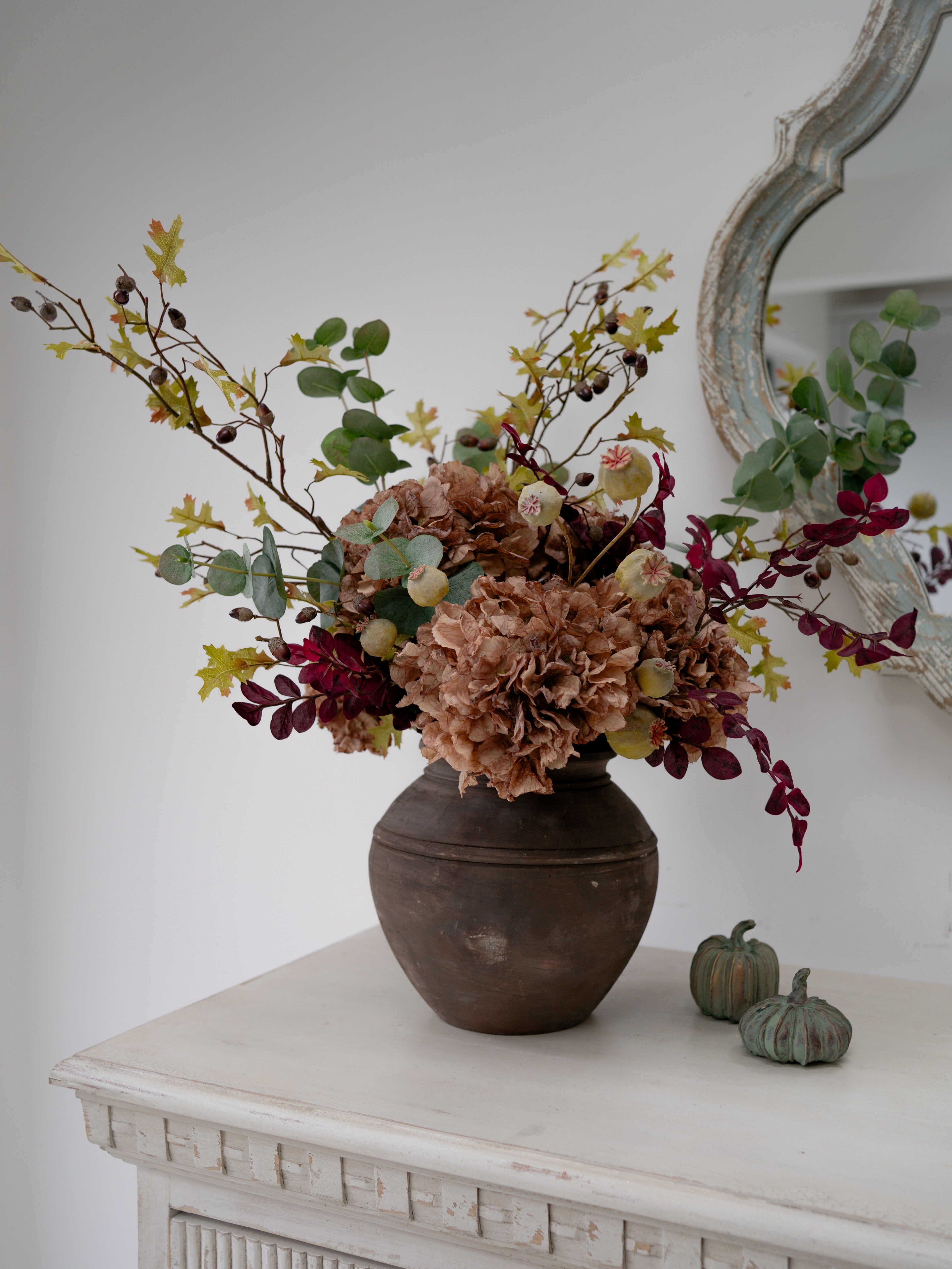 Faux Autumn Cappuccino Hydrangea & Foliage Floral Arrangement