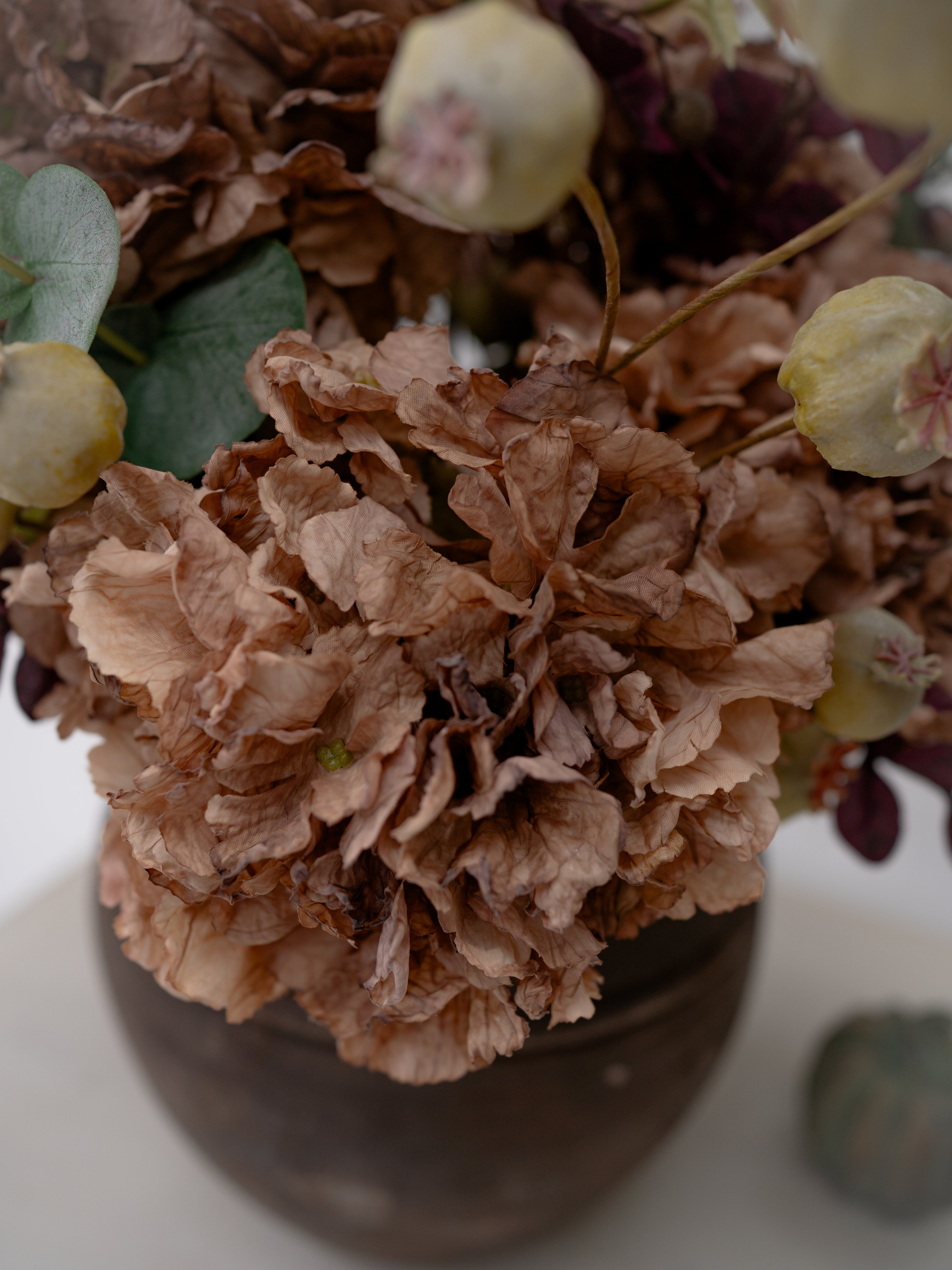 Faux Autumn Cappuccino Hydrangea & Foliage Floral Arrangement