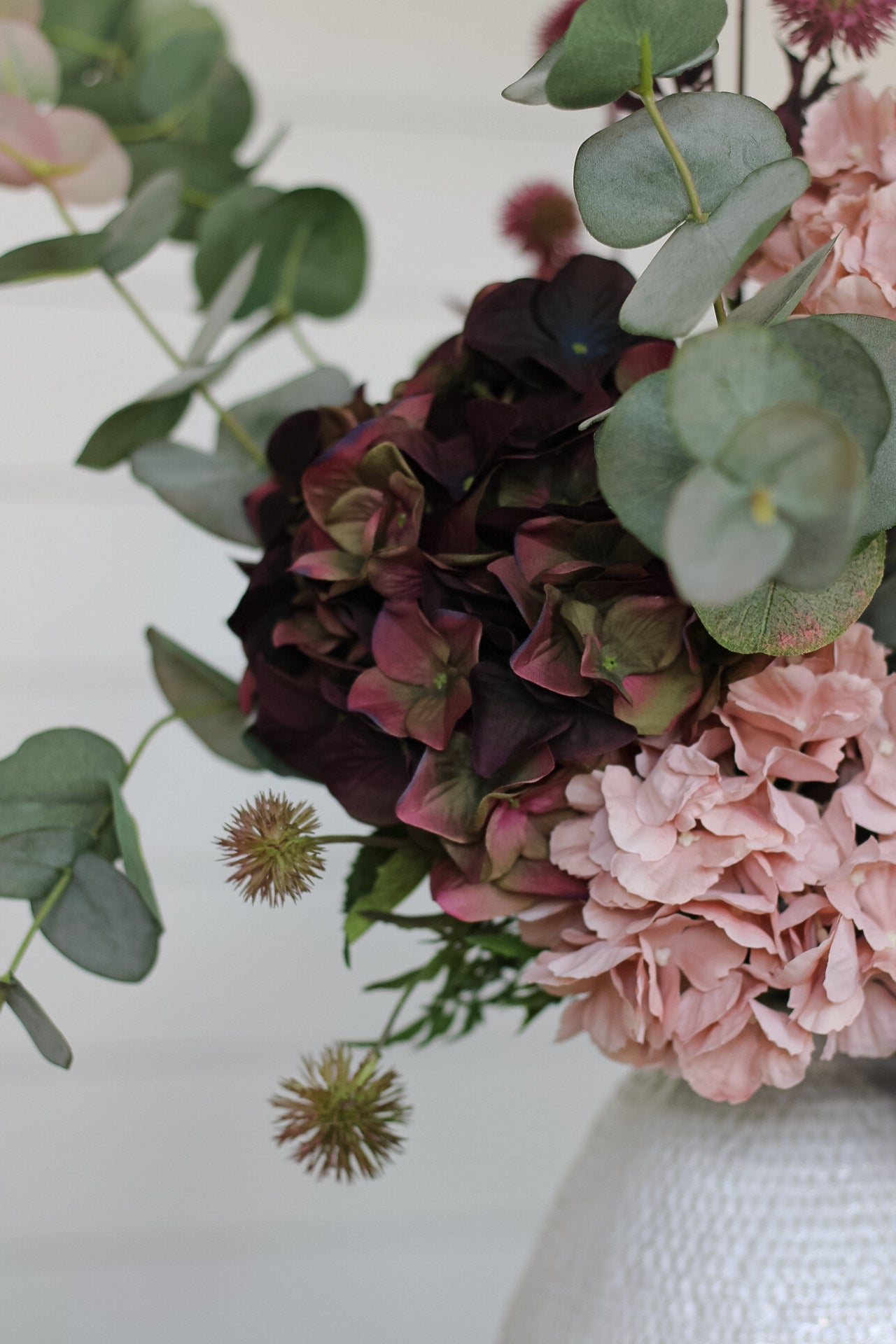 Faux Autumn Hydrangea and Blush Eucalyptus Arrangement