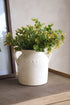 White ceramic vase with green plant on a neutral background