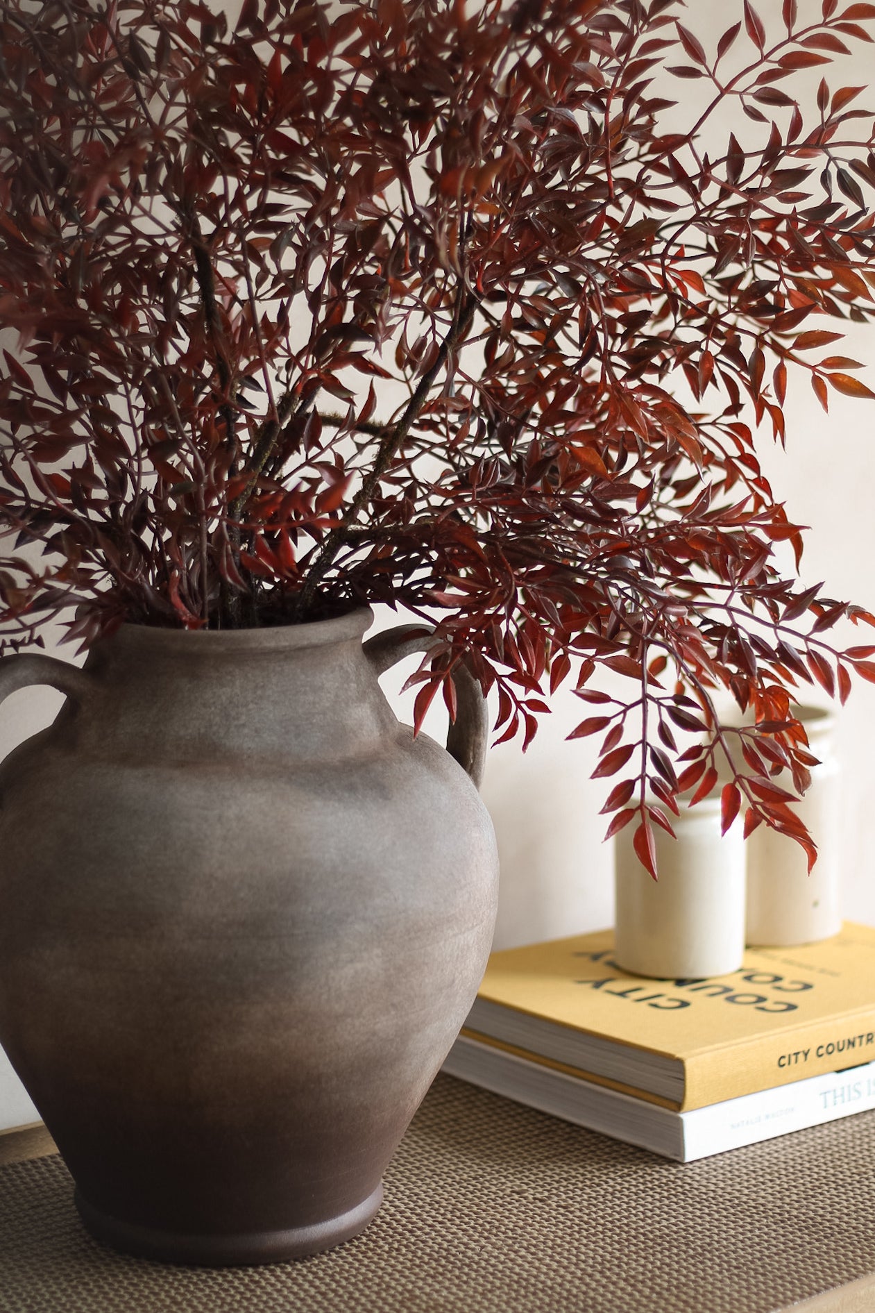Decorative vase with red leaves on a surface with books and a white wall in the background