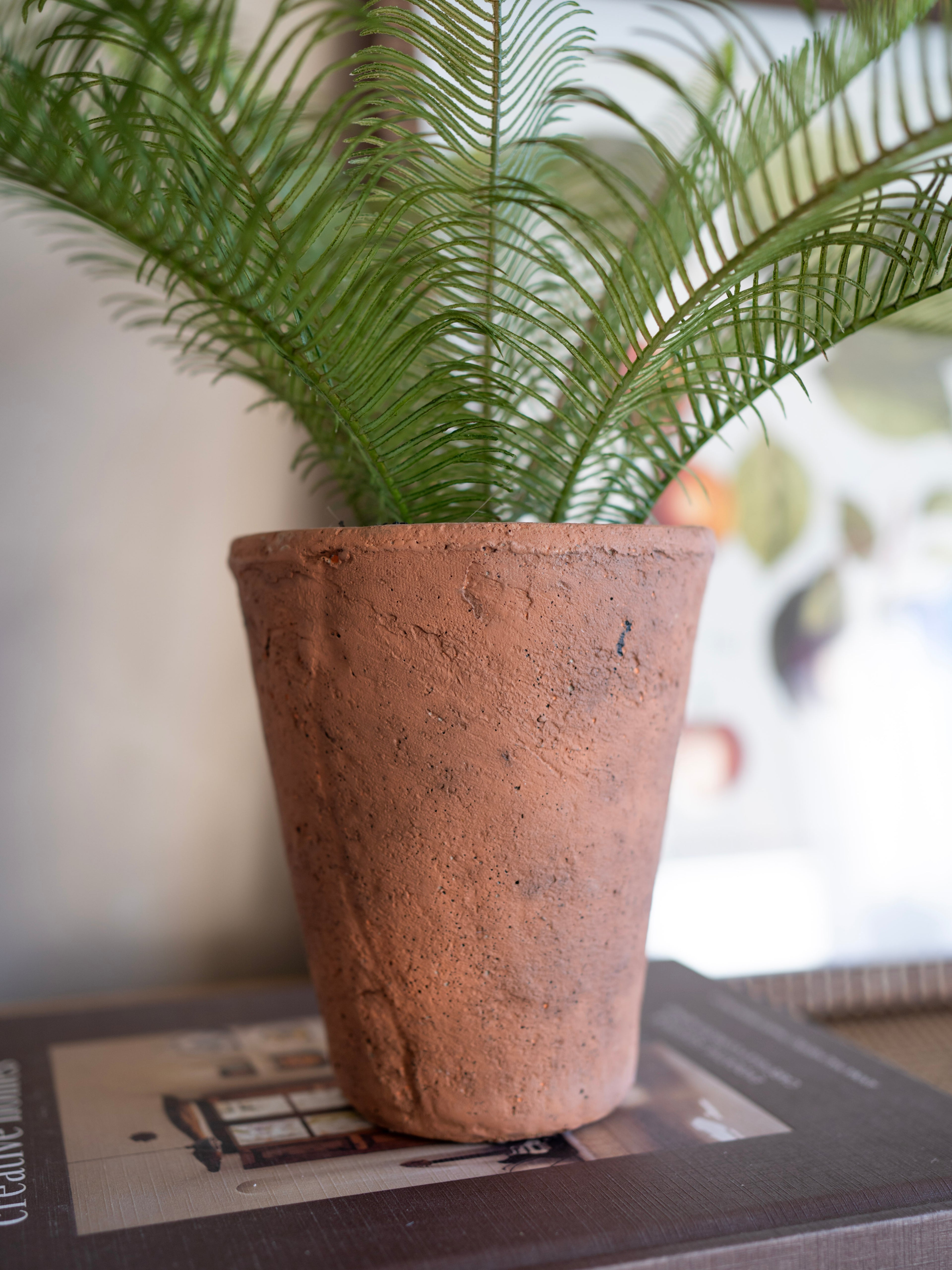 Potted faux fern plant on a surface with a blurred background