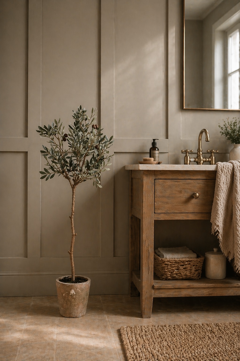 Faux Natural Olive Tree in Aged Pot in bathroom setting with wooden sink unit with brass taps, baskets with hand towels and bathroom mat in the foreground