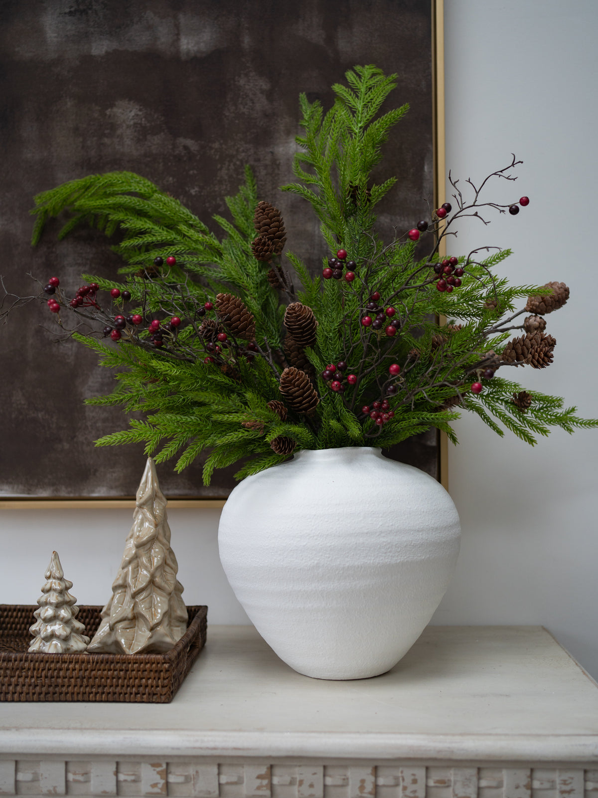 Faux Norfolk Pine, Red Berry & Pinecone Branches Arrangement
