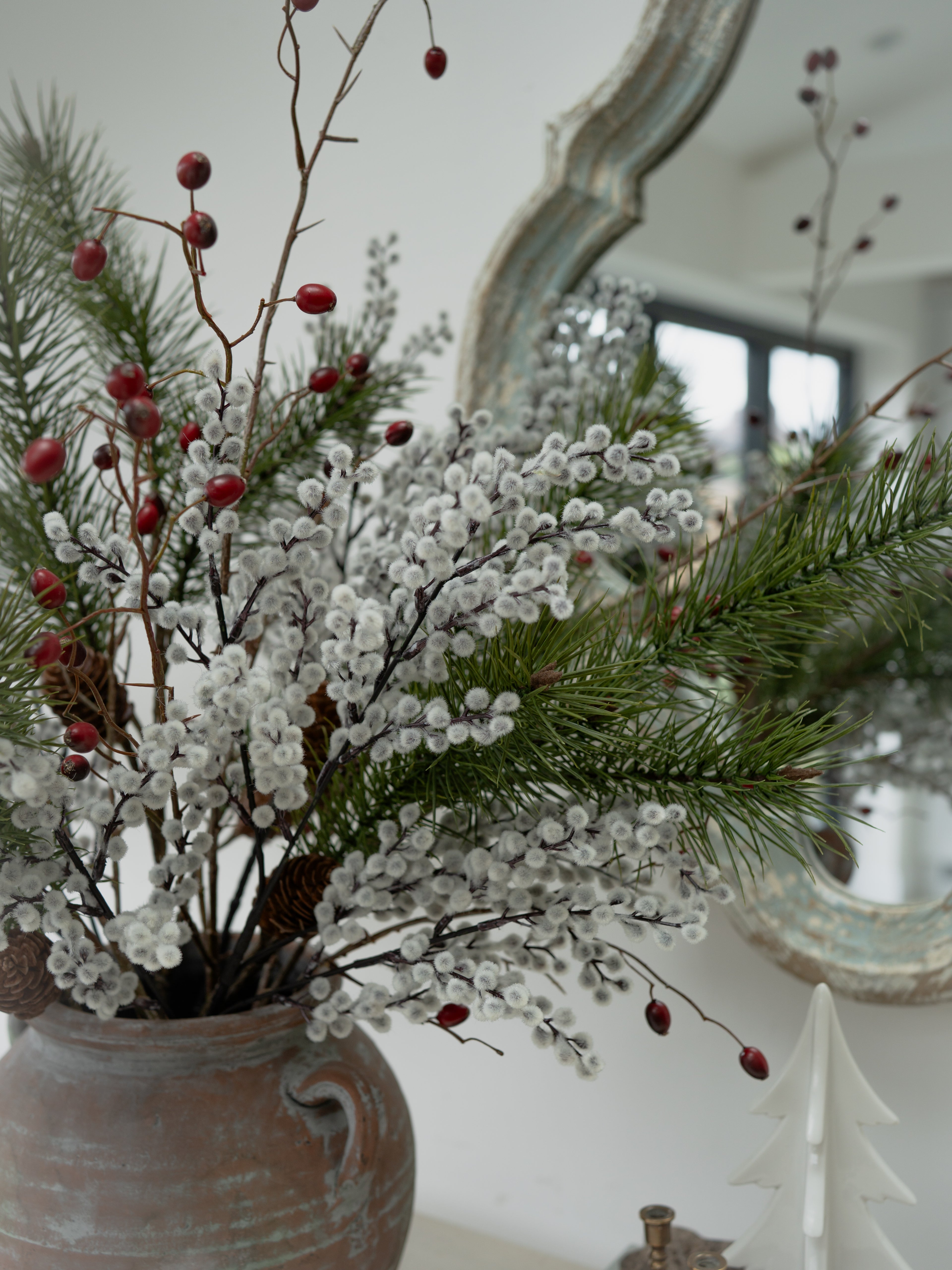 Faux Pine, Snowy Berry and Rosehip Branches Floral Arrangement