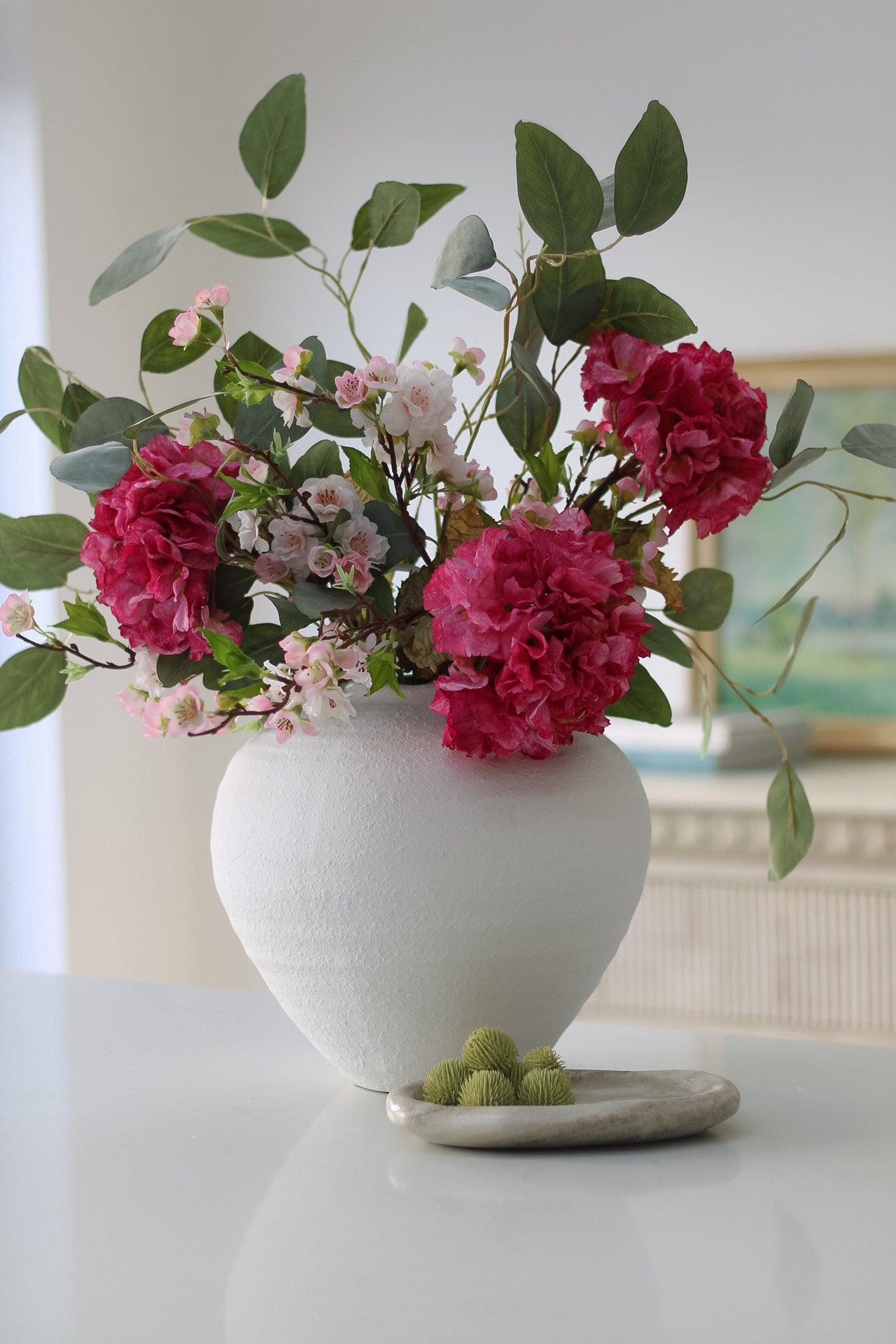 Faux Pink Dried Ruffle Hydrangea and Blossom Floral Arrangement