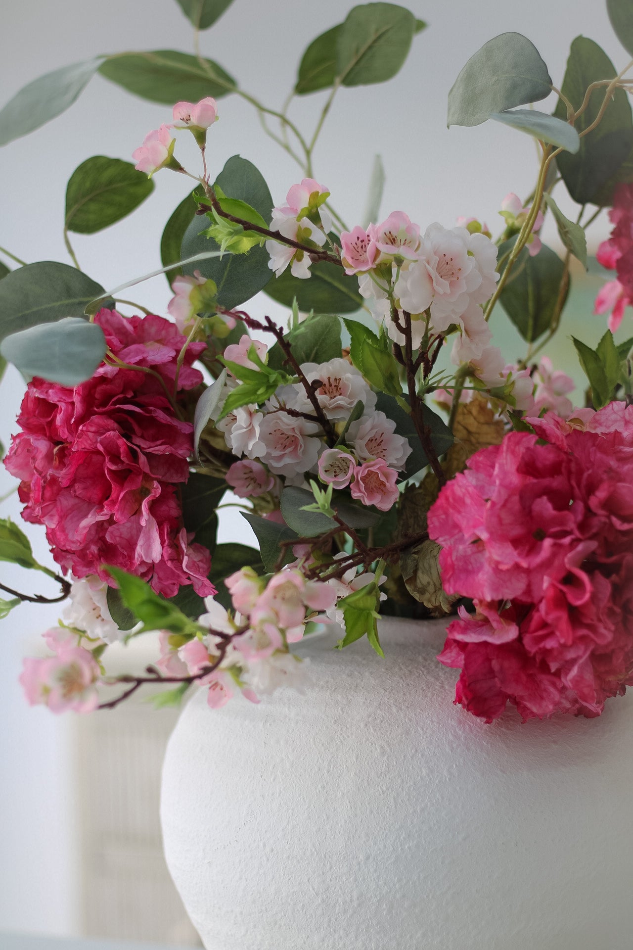 Faux Pink Dried Ruffle Hydrangea and Blossom Floral Arrangement
