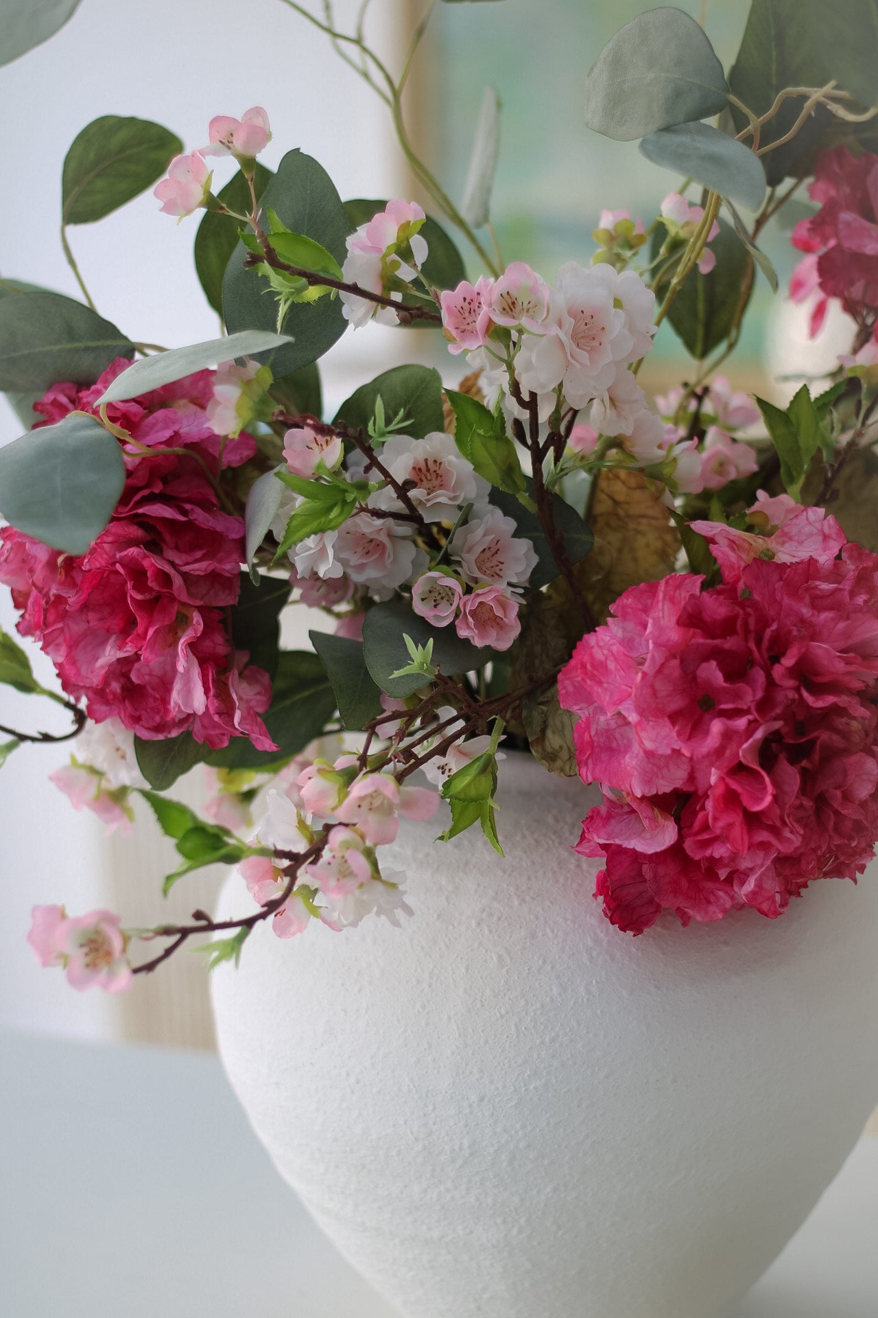 Faux Pink Dried Ruffle Hydrangea and Blossom Floral Arrangement