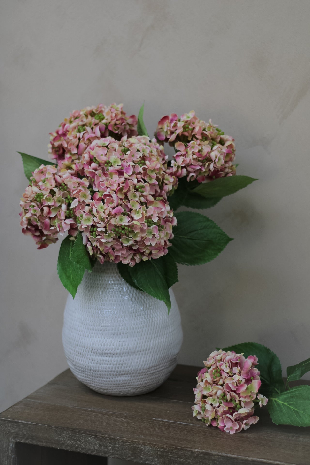 Faux Pink and Green Early Season Hydrangea Stem