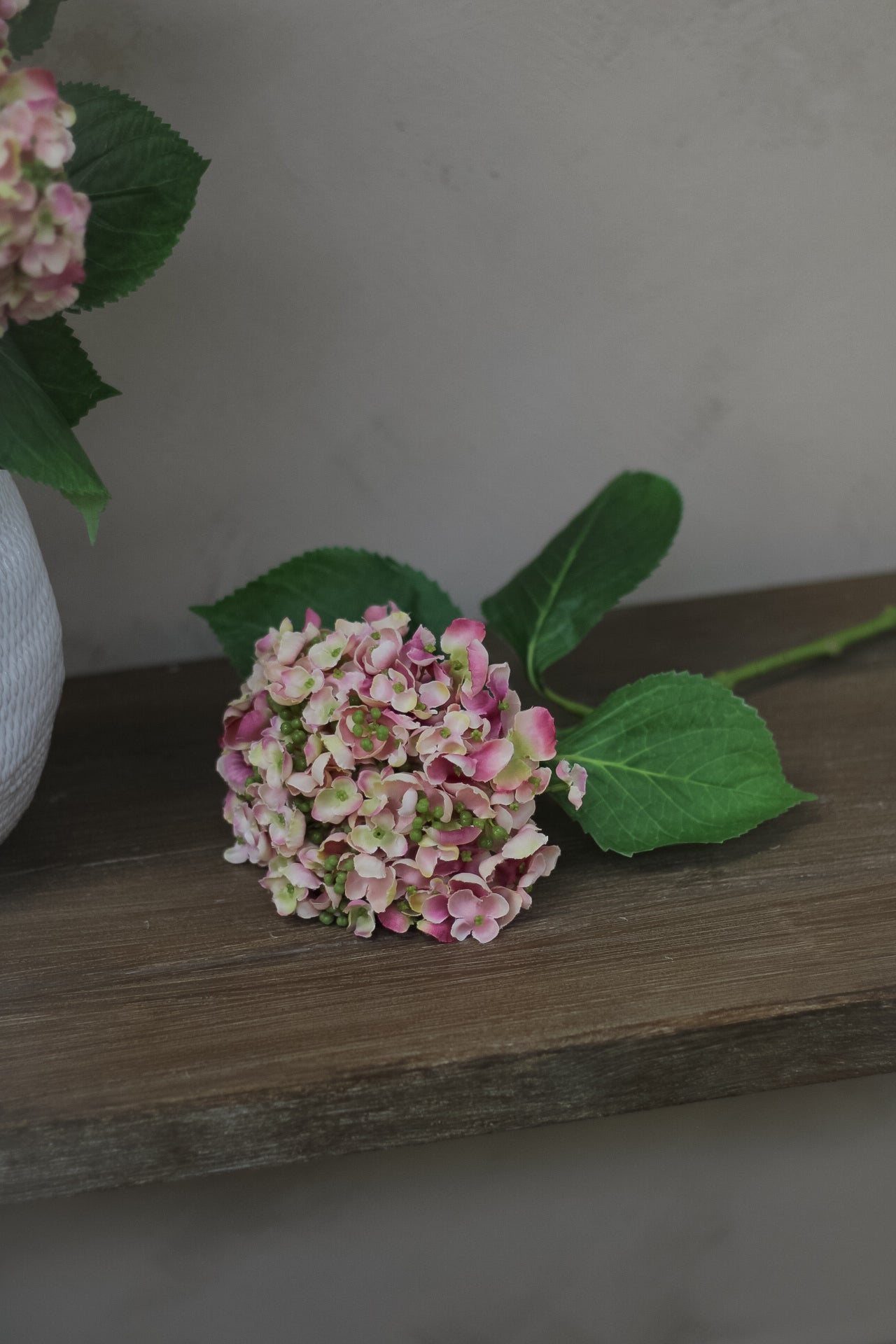 Faux Pink and Green Early Season Hydrangea Stem