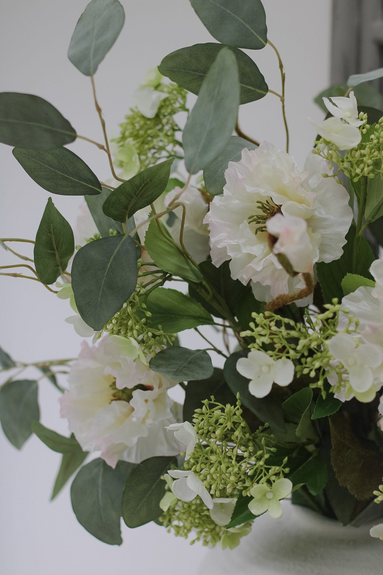 Faux Poppy and Viburnum with Eucalyptus Arrangement