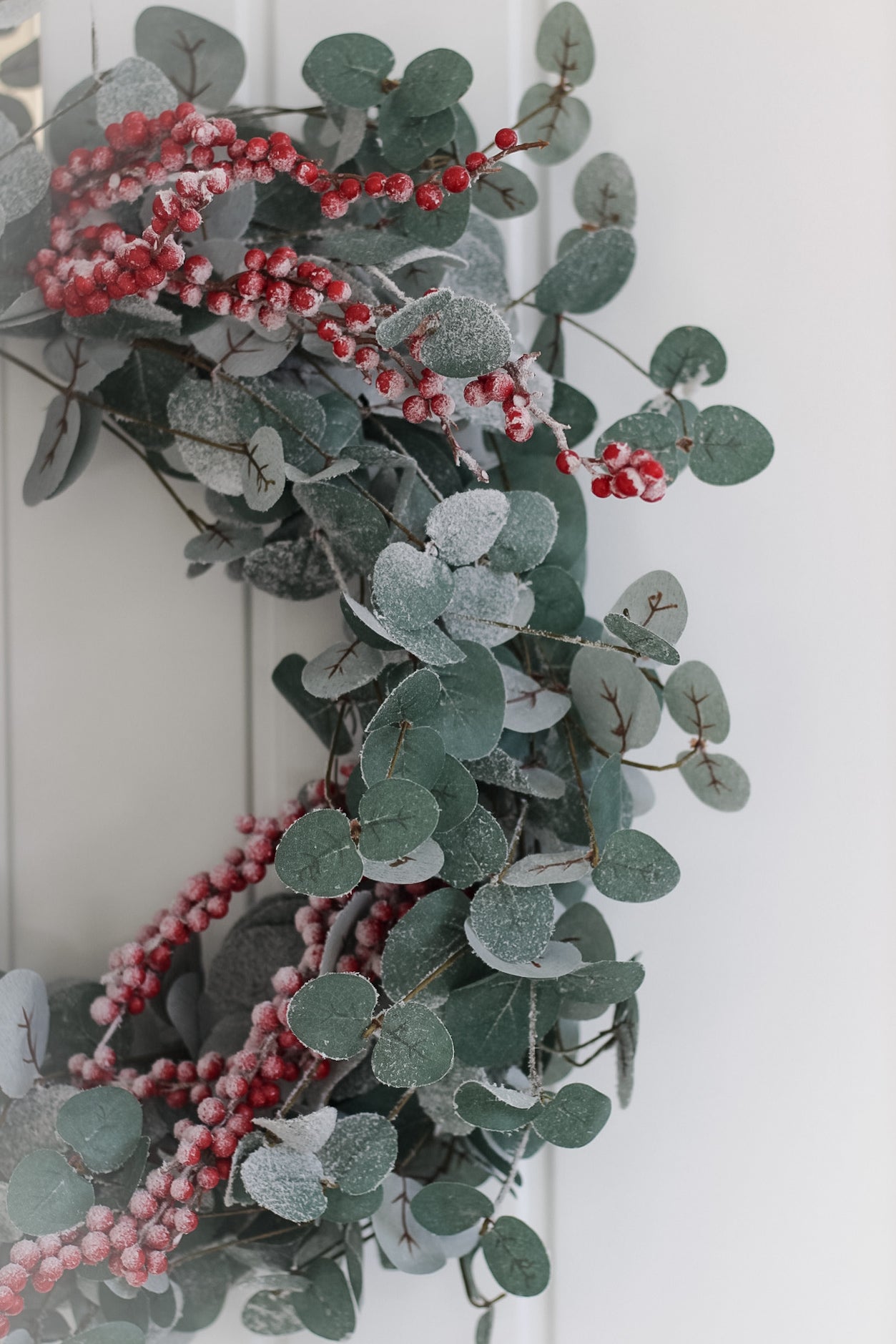 Faux Snow Dusted Christmas Foliage and Red Berry Wreath 003
