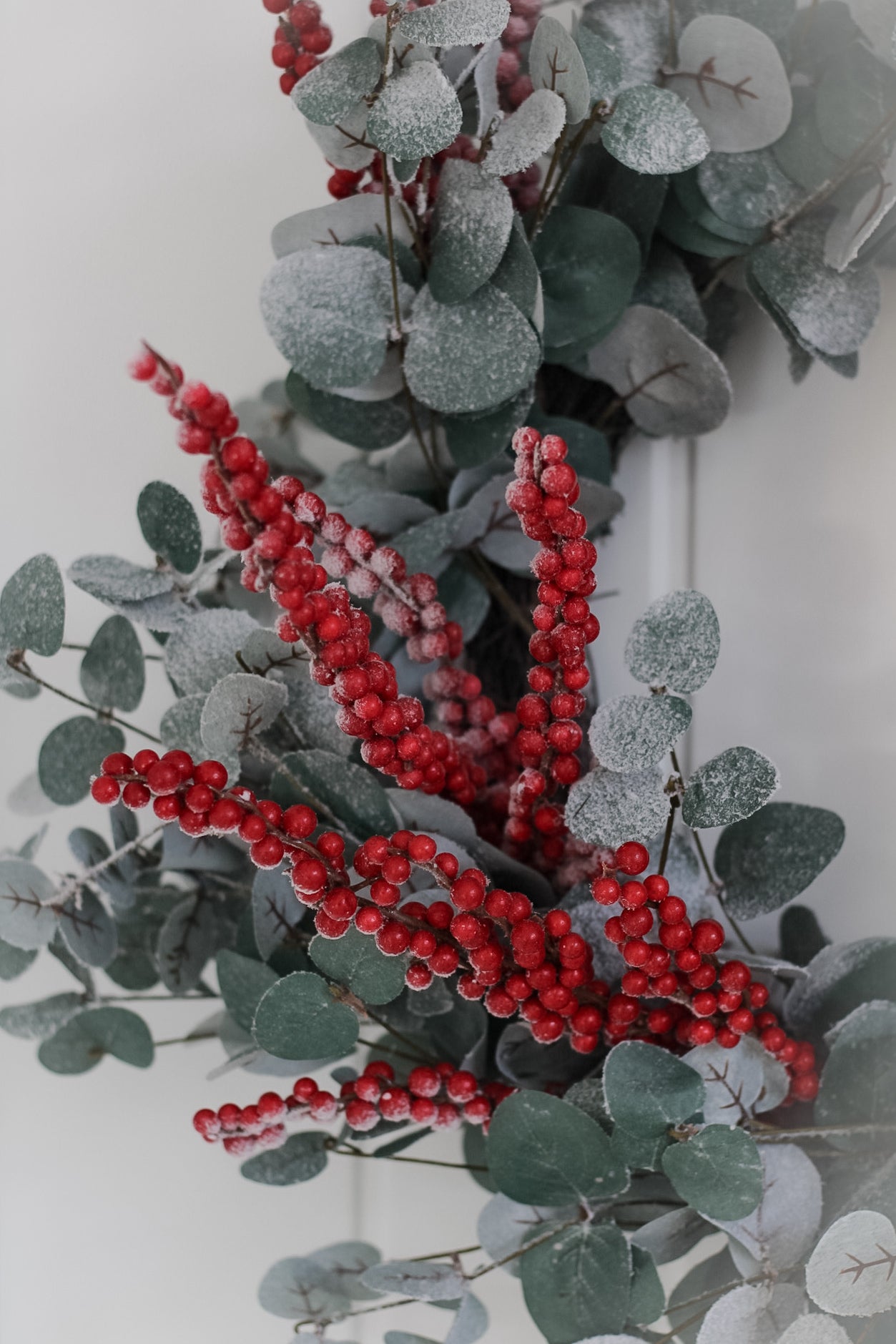Faux Snow Dusted Christmas Foliage and Red Berry Wreath 004