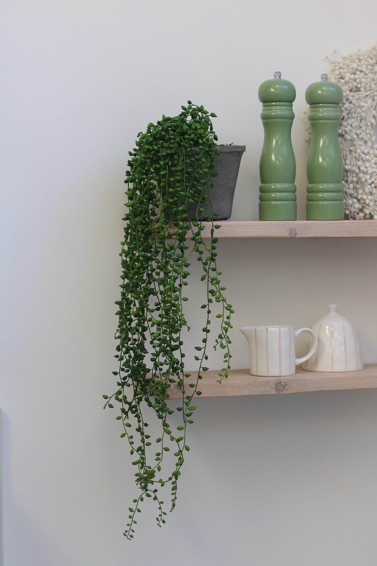 Faux String of Pearls in Rustic Cement Pot for timeless home decor