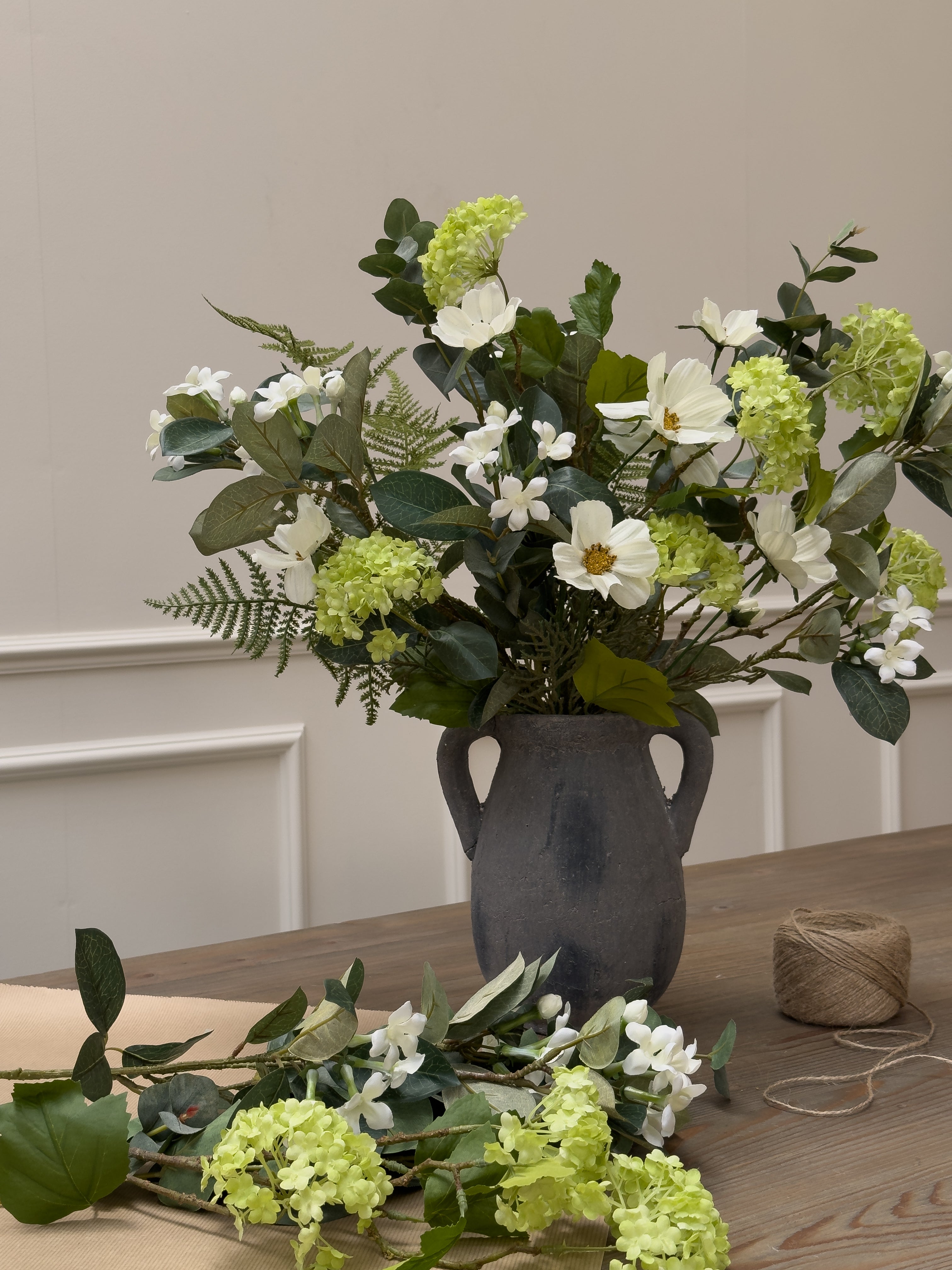 Faux White Cosmos and Viburnum Floral Arrangement