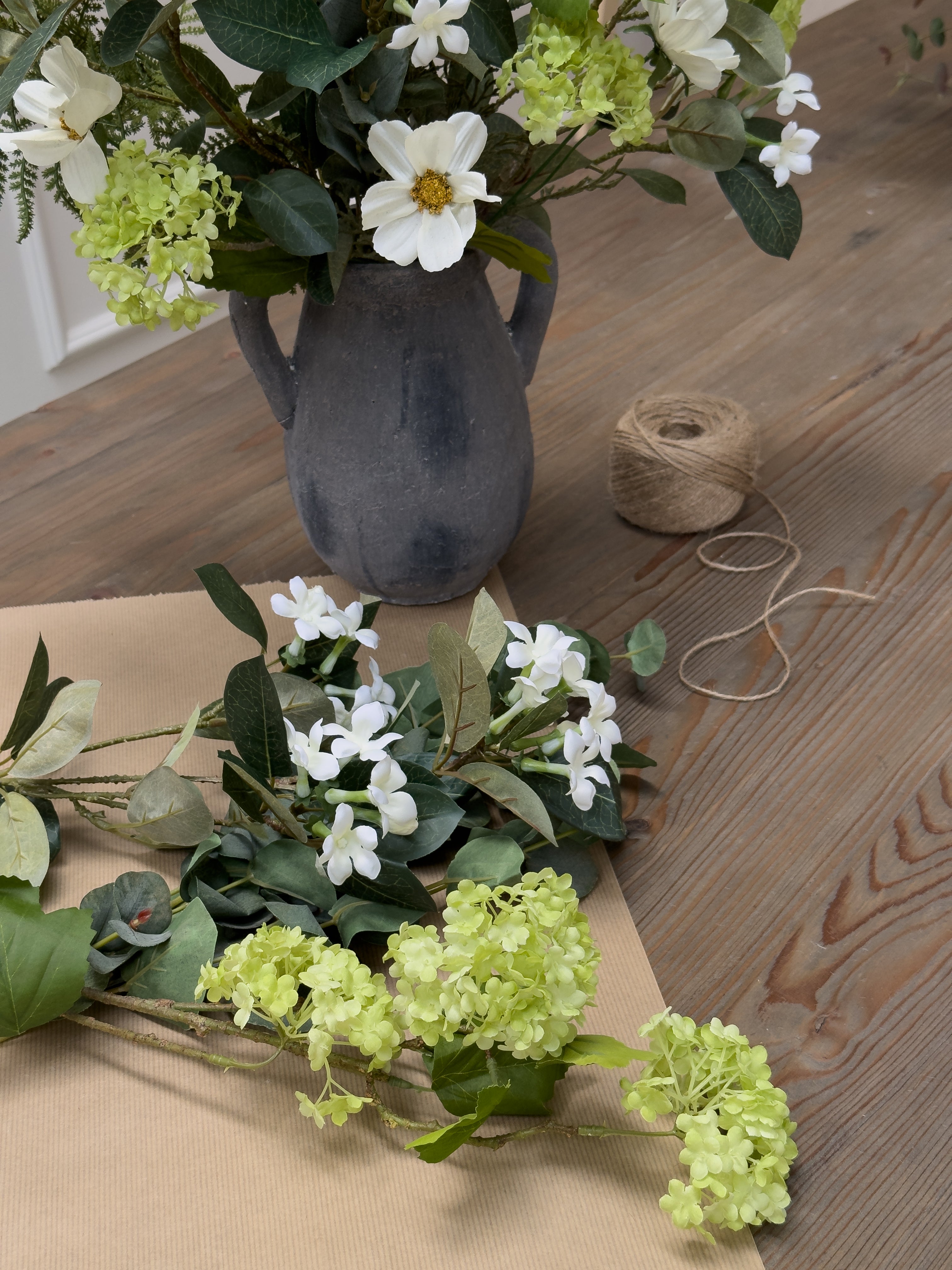 Faux White Cosmos and Viburnum Floral Arrangement