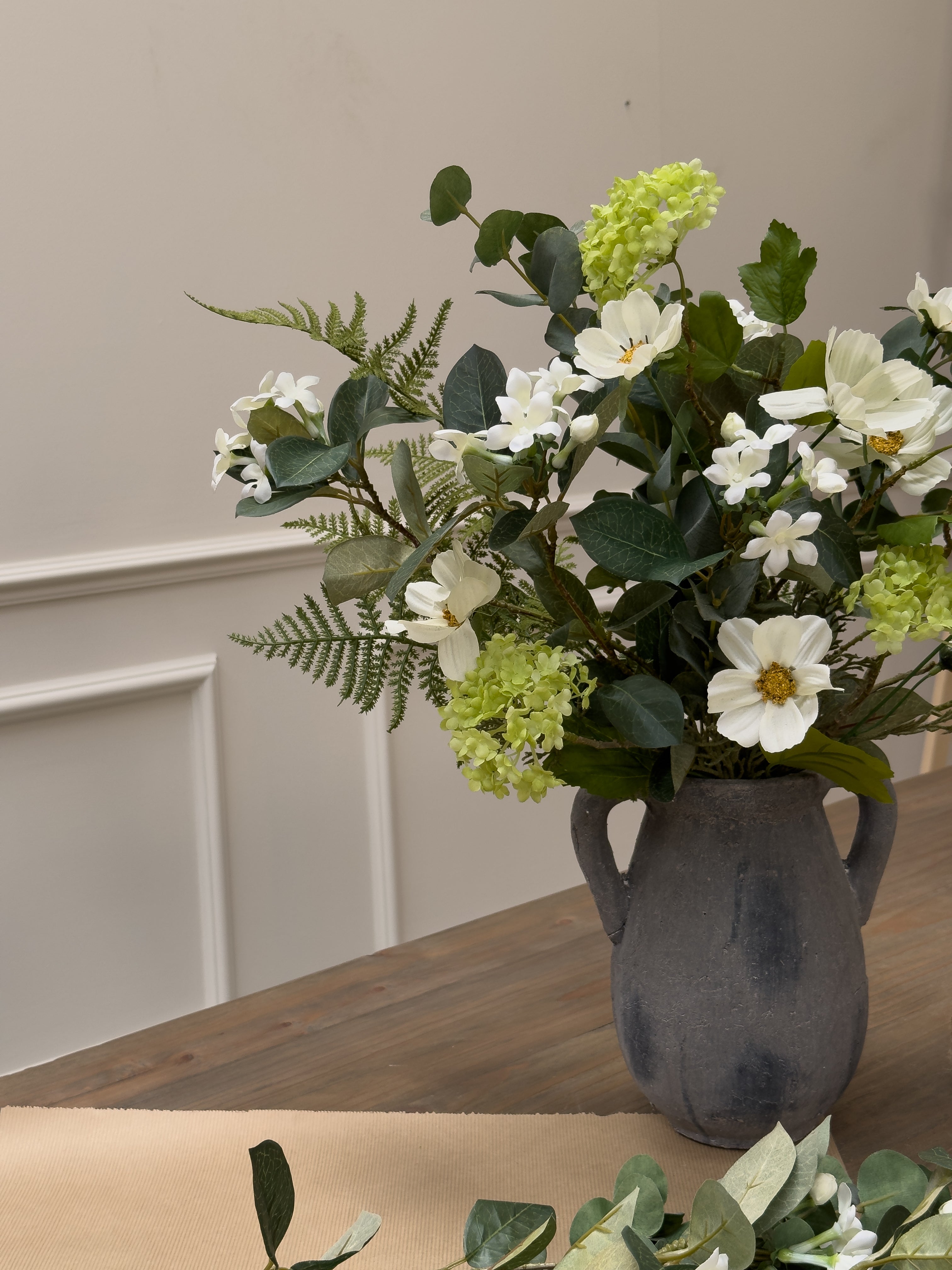 Faux White Cosmos and Viburnum Floral Arrangement
