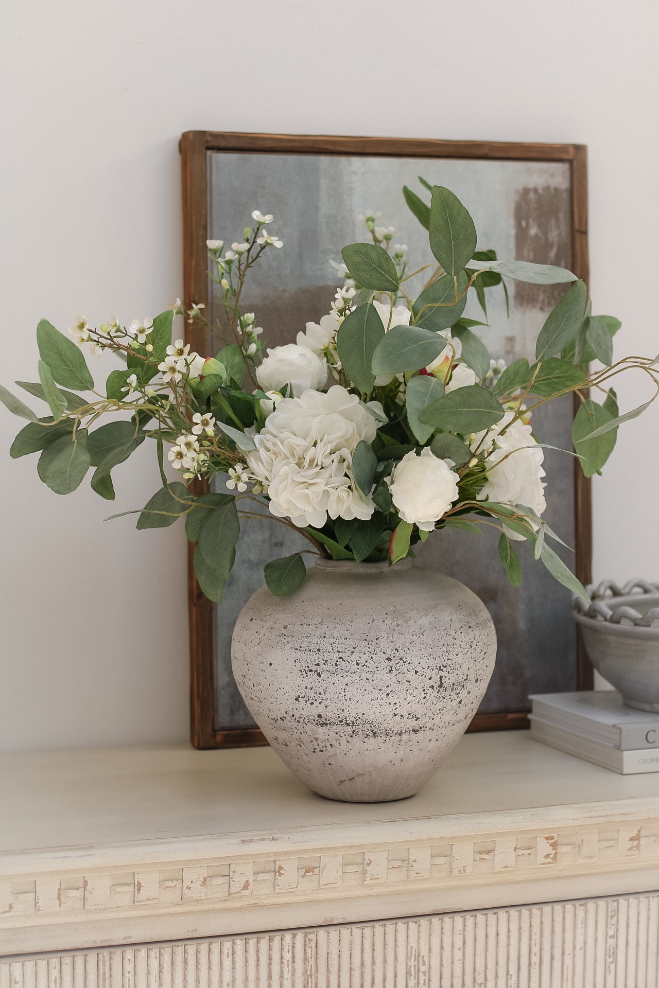 Faux White Hydrangea and Peony Arrangement