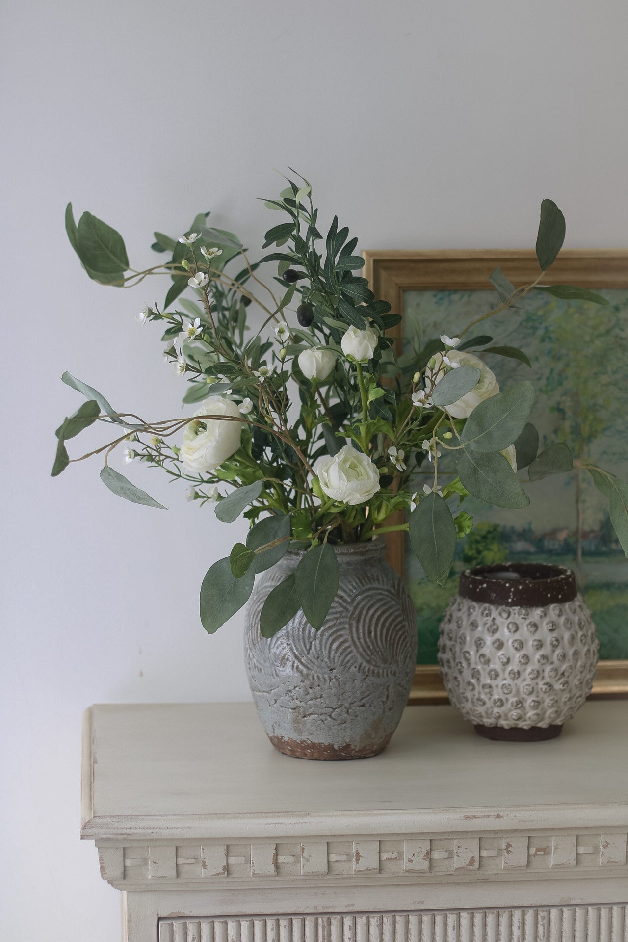 Faux White Ranunculus and Olive Faux Floral Arrangement