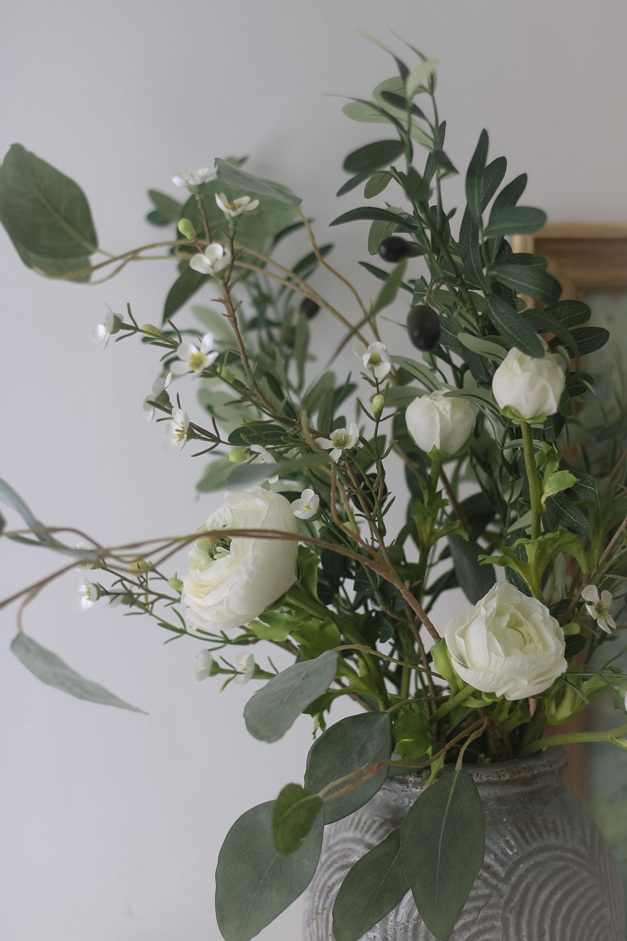 Faux White Ranunculus and Olive Faux Floral Arrangement