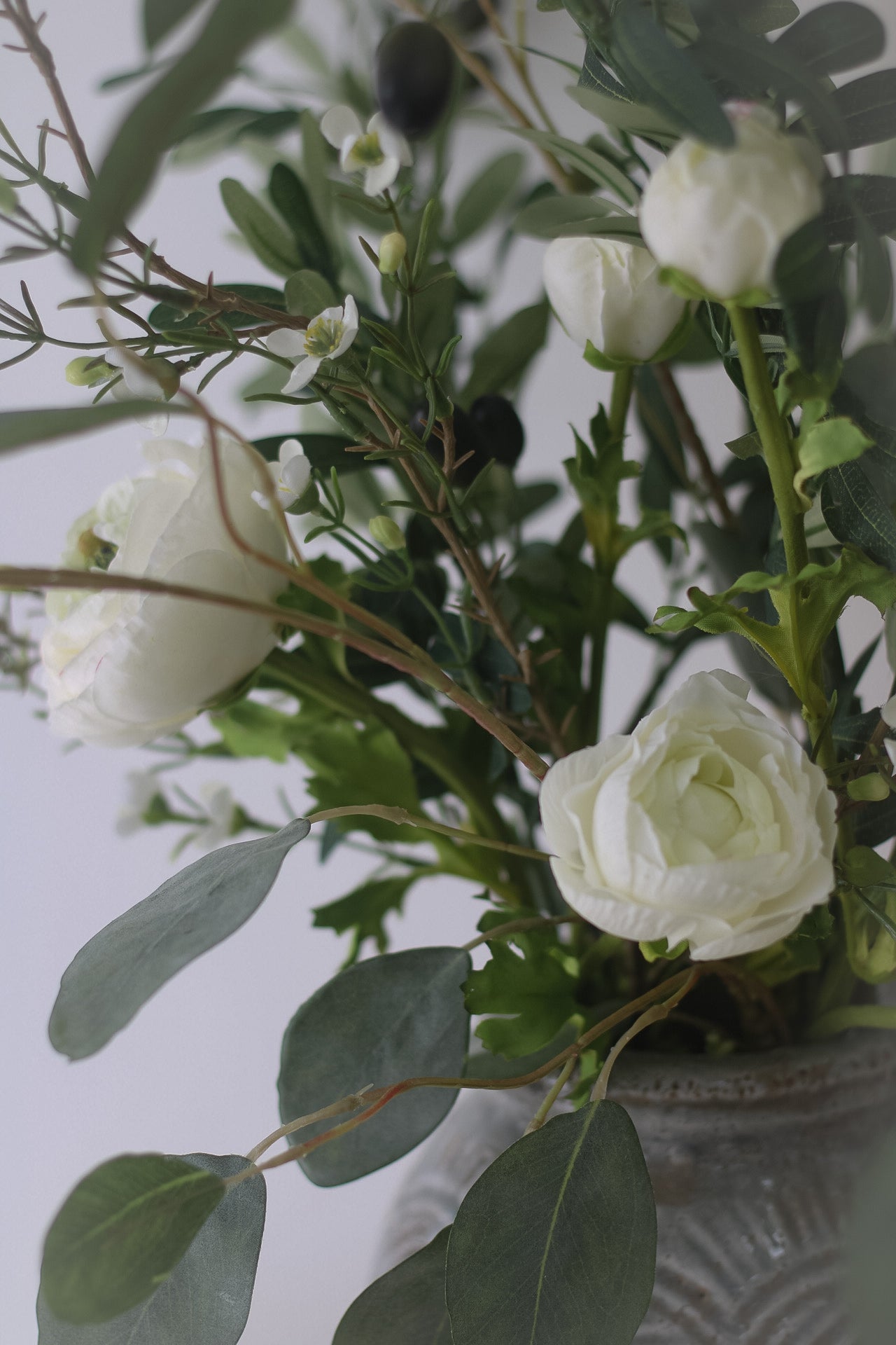Faux White Ranunculus and Olive Faux Floral Arrangement